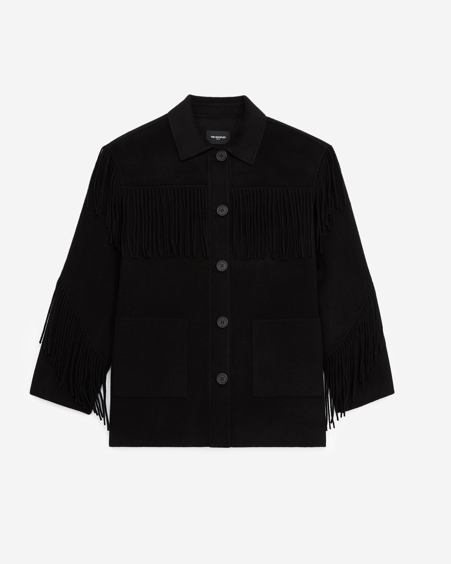 Black wool jacket with western-style fringing, BLACK, hi-res image number null
