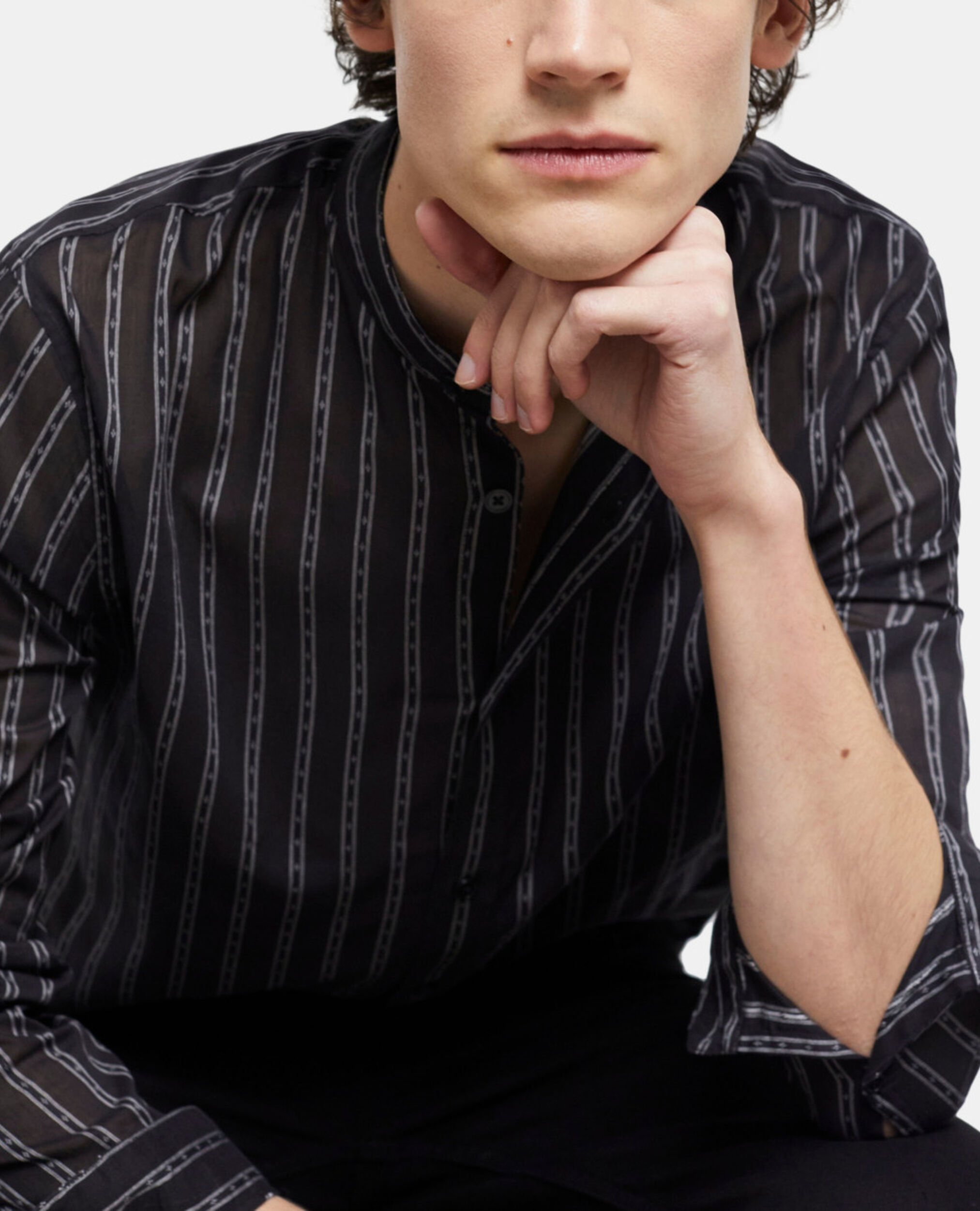 Black striped shirt with officer collar, BLACK, hi-res image number null