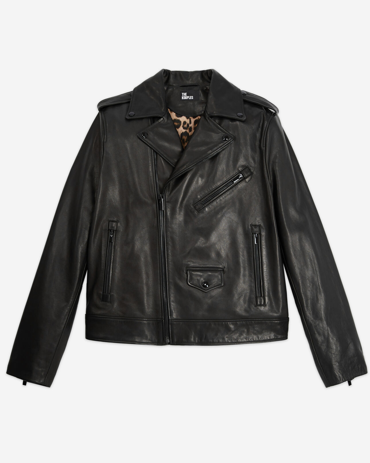 The Kooples MEN BLACK leather jacket with leopard print lining