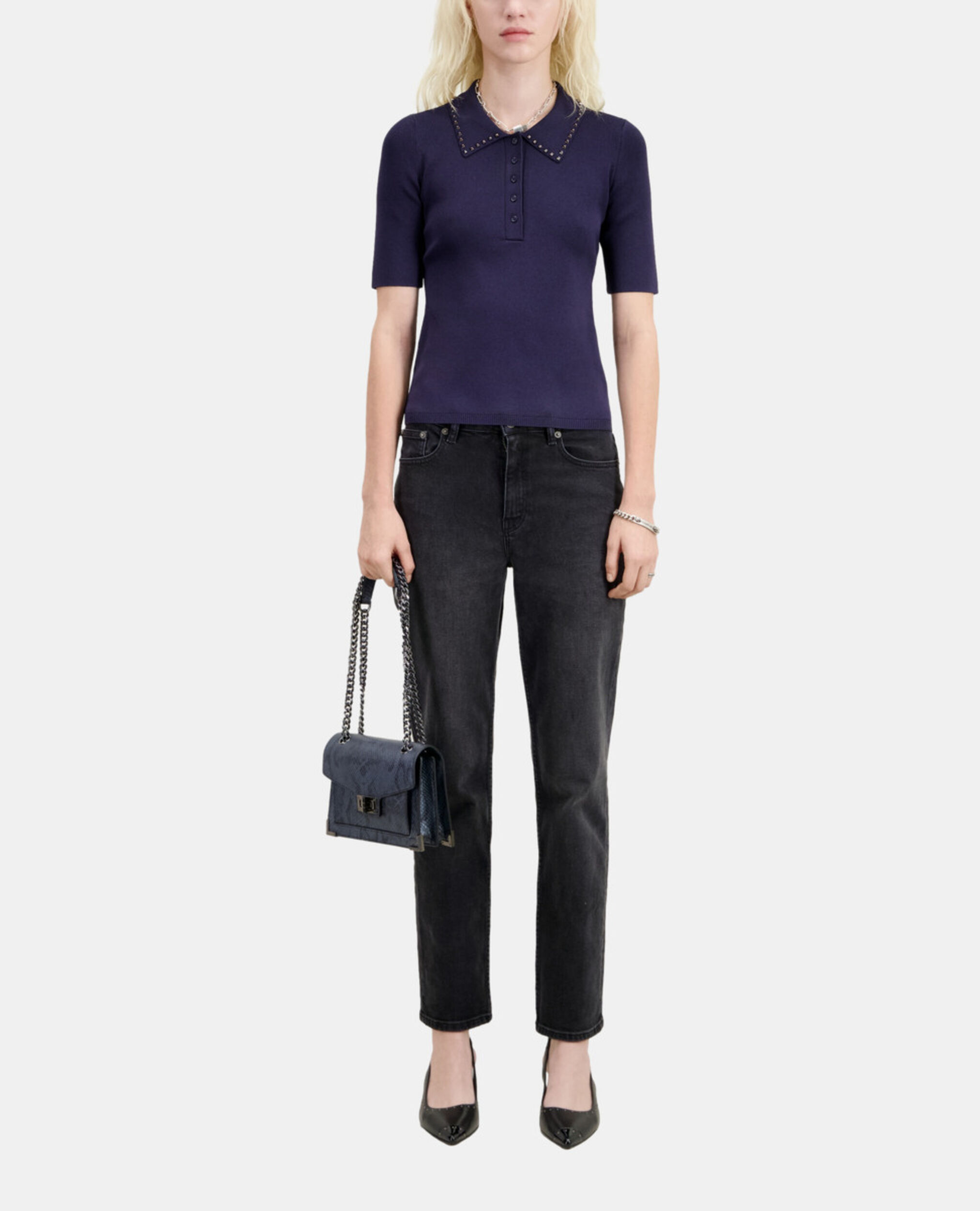 Navy blue knitted polo t-shirt, NAVY, hi-res image number null