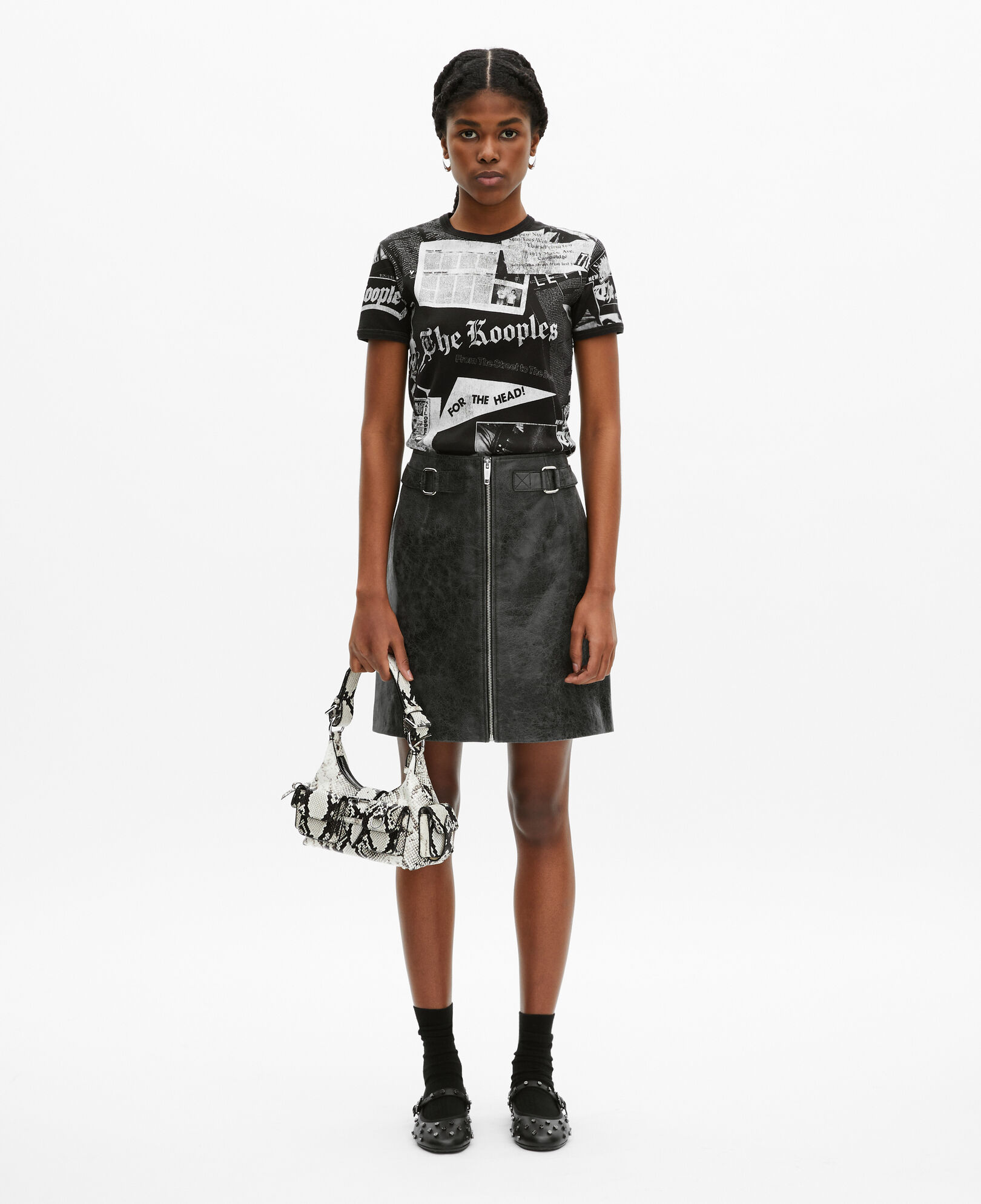 The Kooples WOMEN BLACK STONE short black leather skirt with zipper