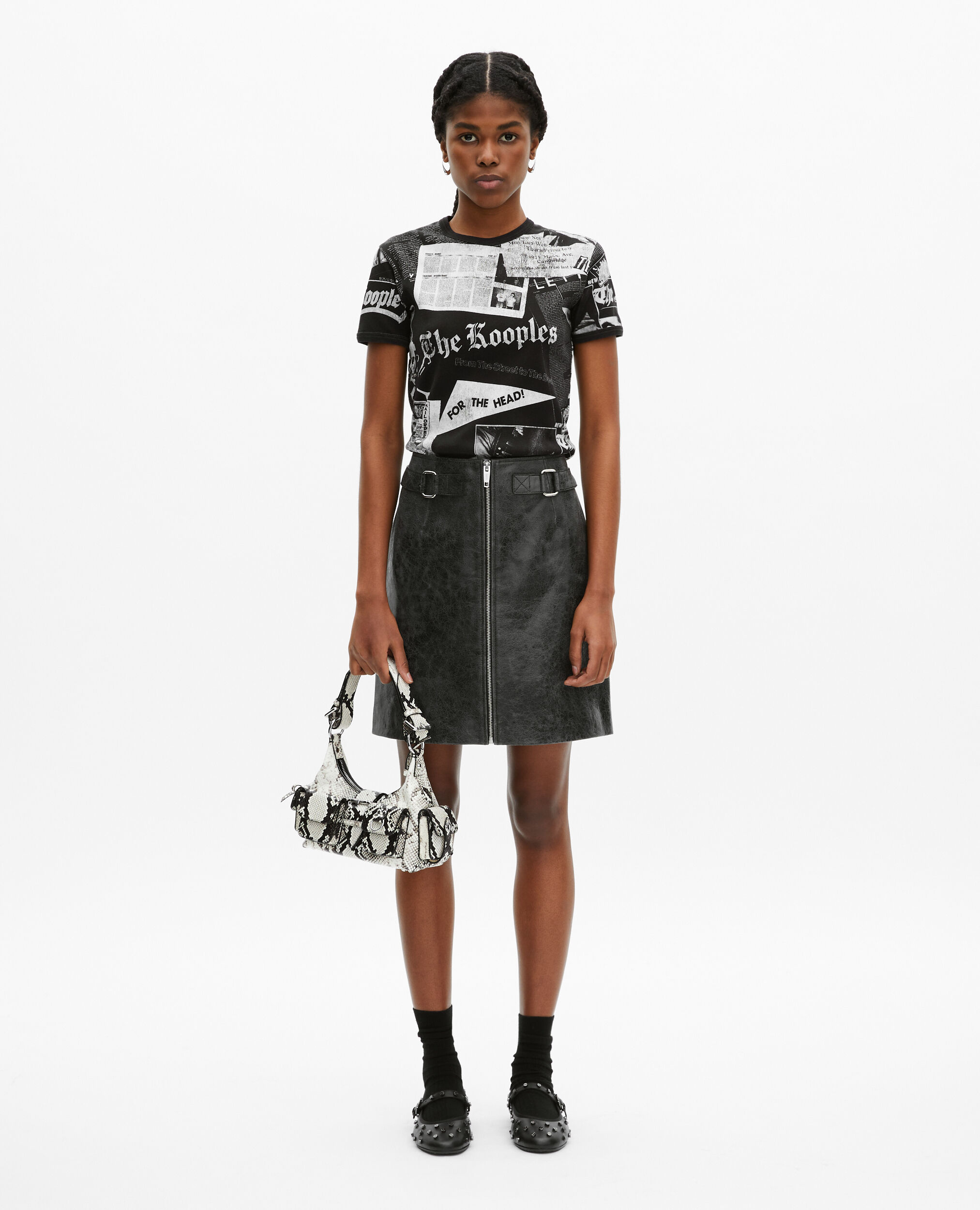 Short black leather skirt with zipper, BLACK STONE, hi-res image number null