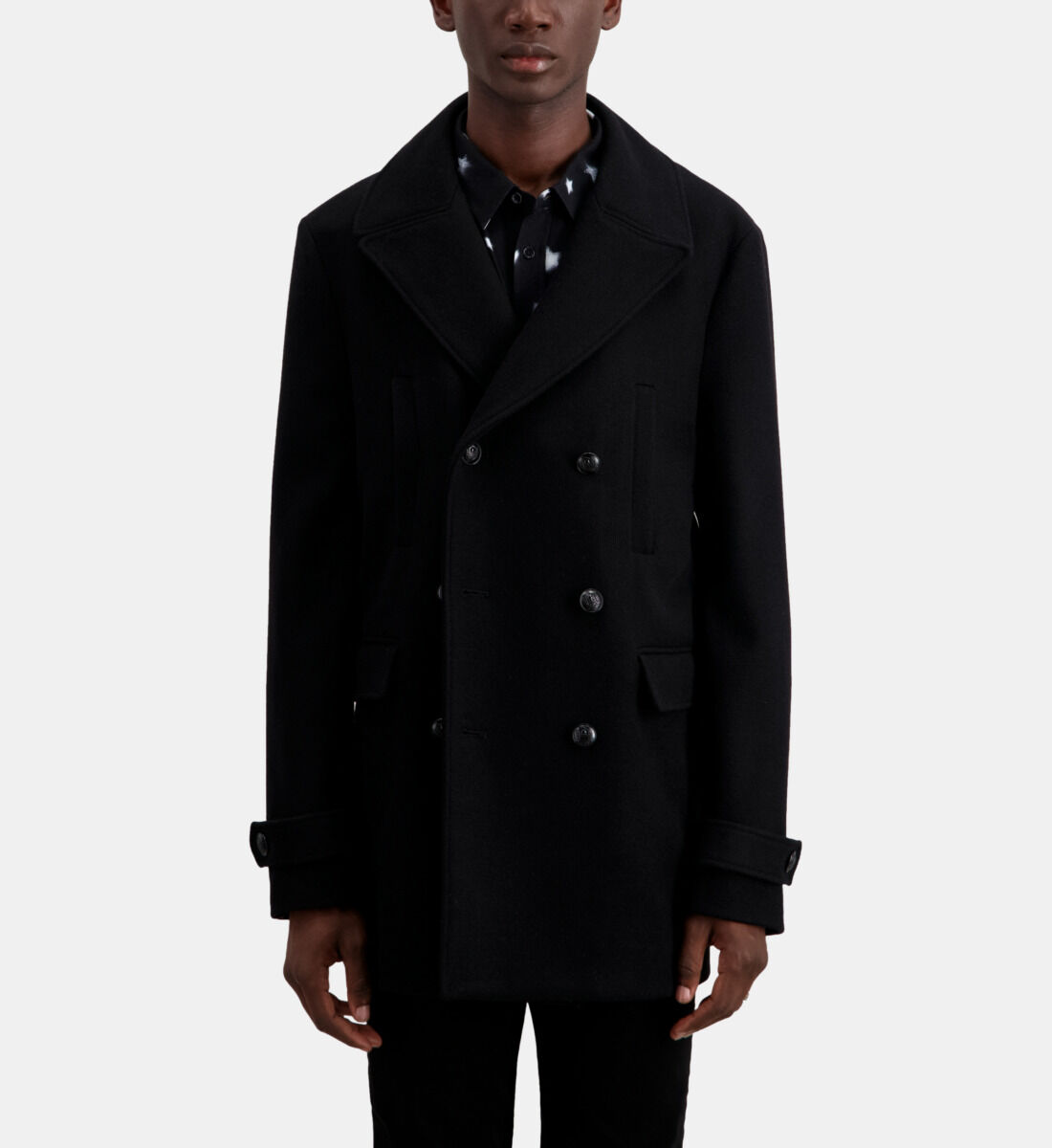 Caban noir mi long en laine melangee