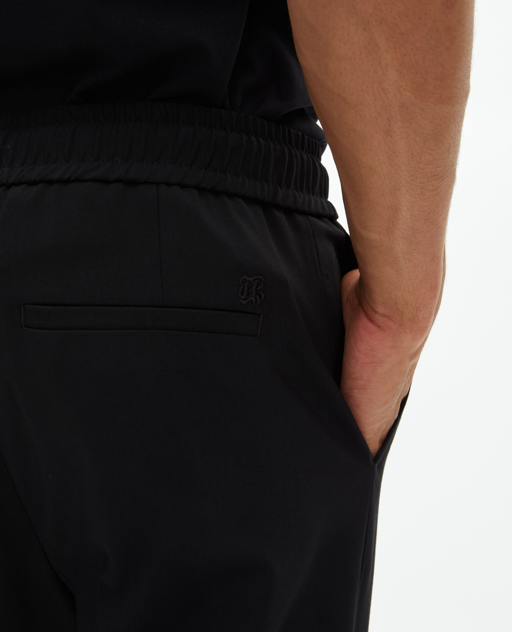 Black wool straight elasticated trousers, BLACK, hi-res image number null