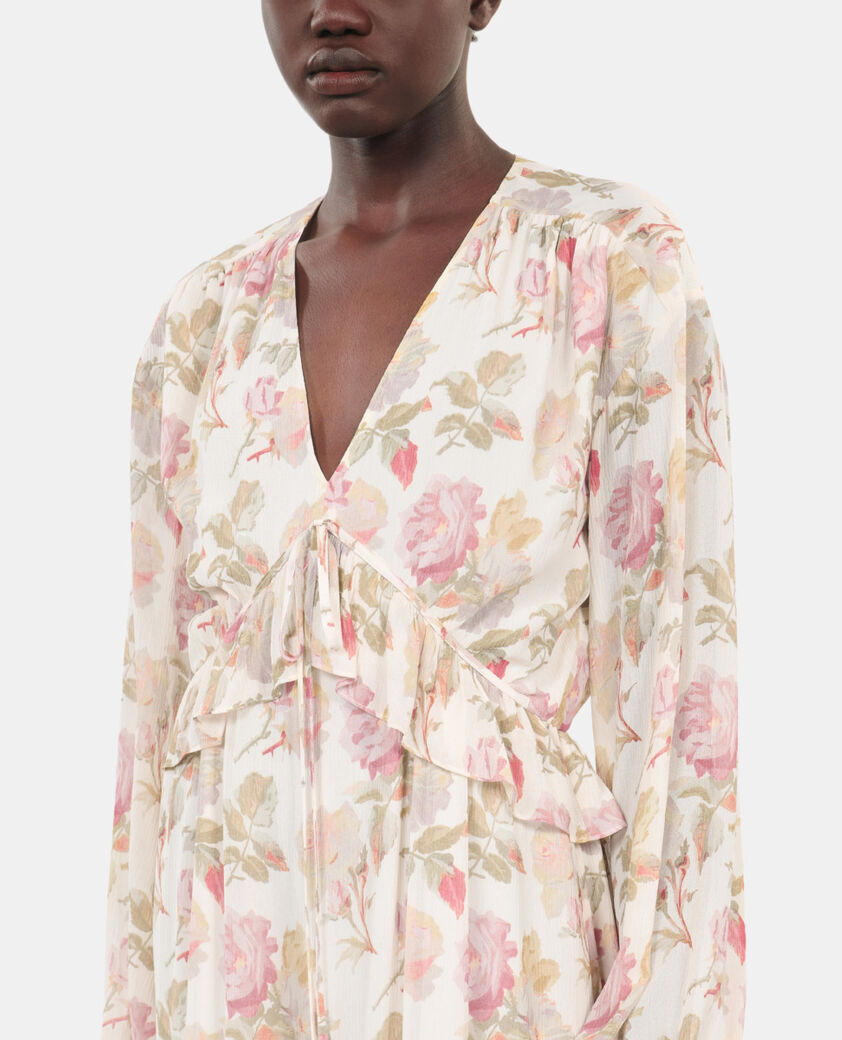 The Kooples WOMEN BEIGE / RED long floral printed silk dress