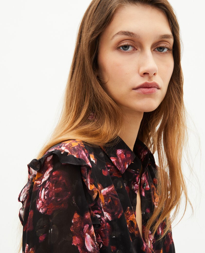The Kooples FEMME BLACK - RED robe longue imprimé roses bordeaux
