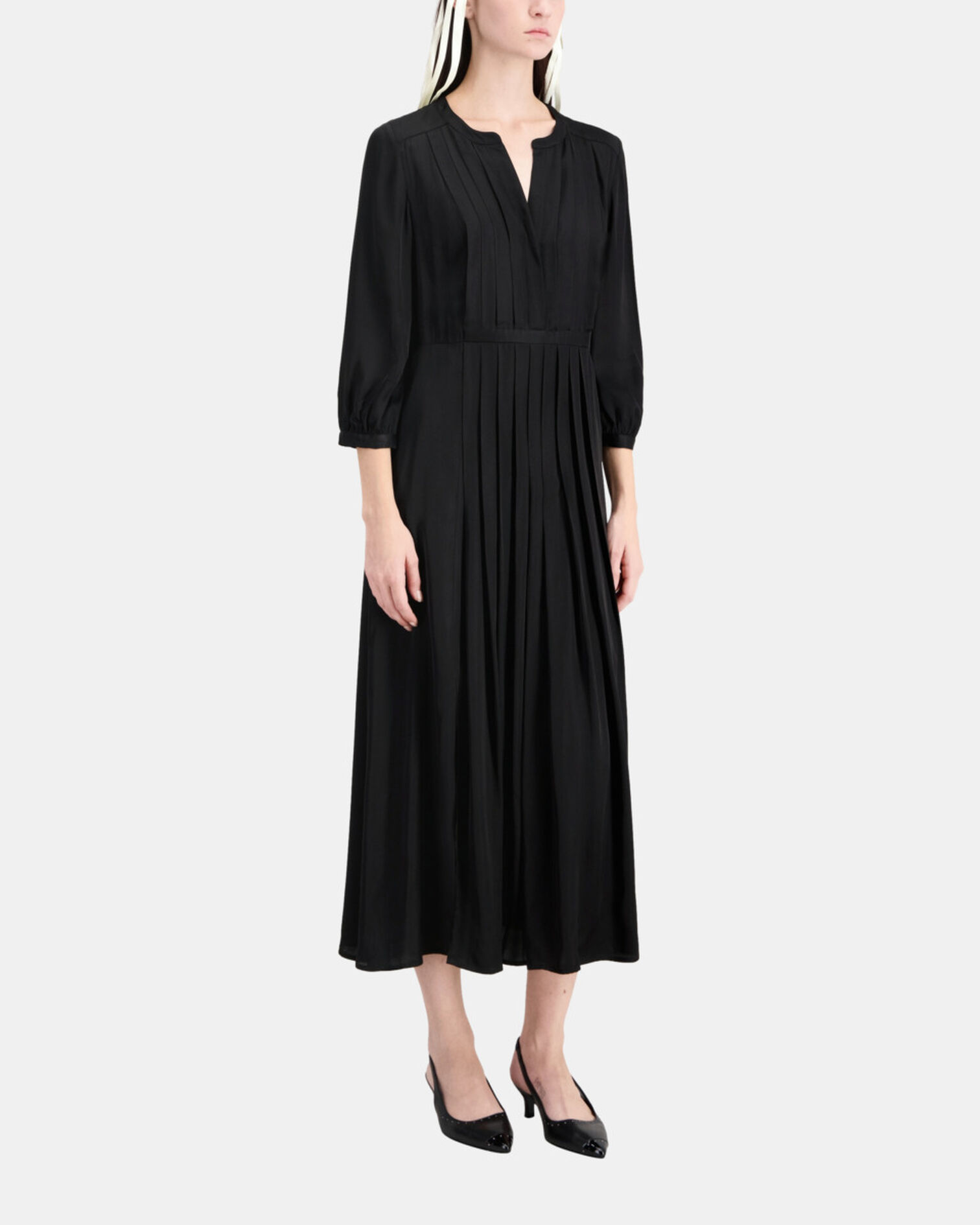 Robe longue noire avec plissage, BLACK, hi-res image number null