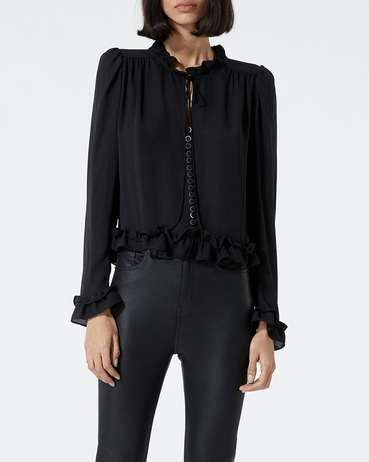 The Kooples DAMEN BLACK fließendes schwarzes hemd mit volants
