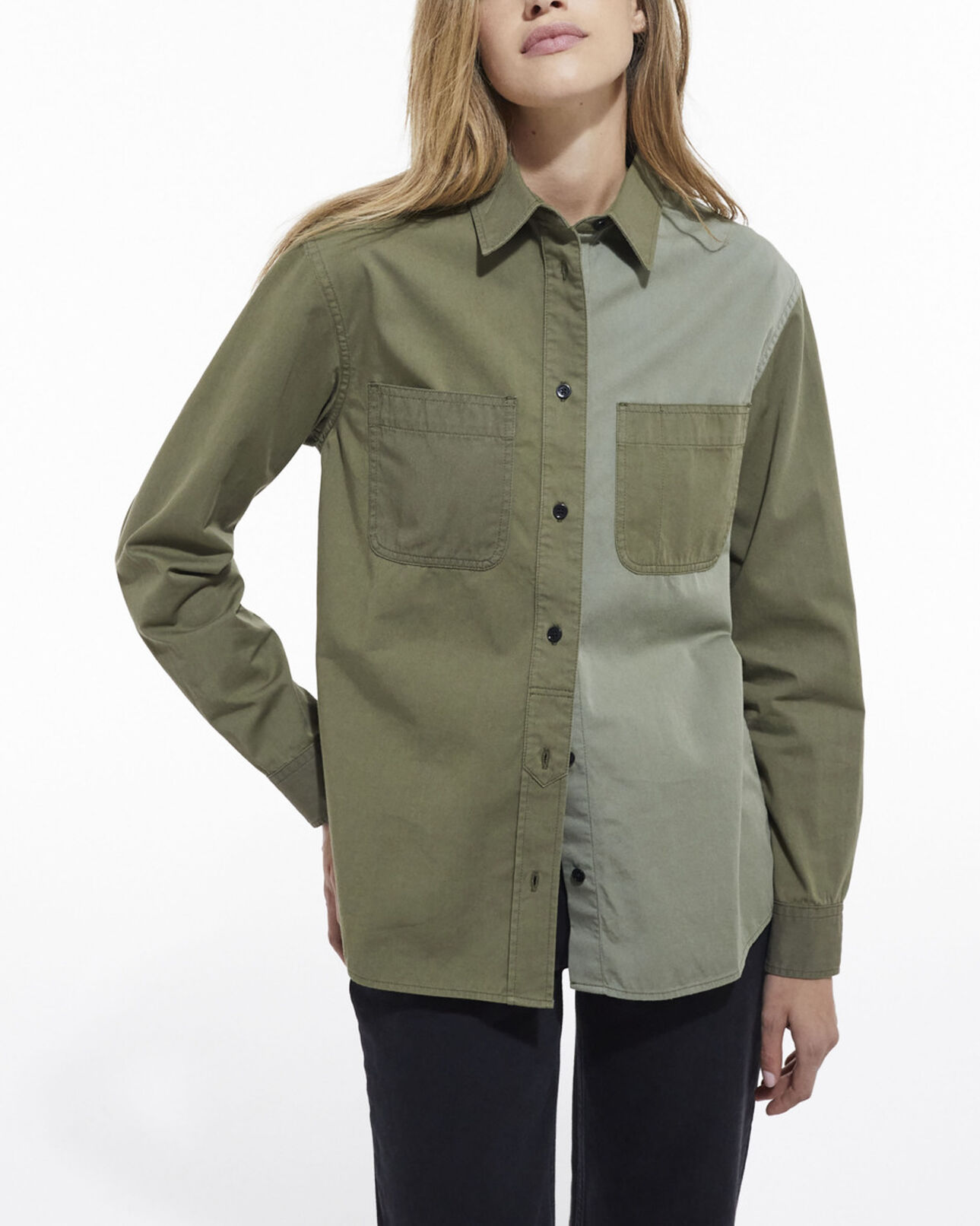 The Kooples WOMEN OLIVE NIGHT khaki patchwork denim shirt