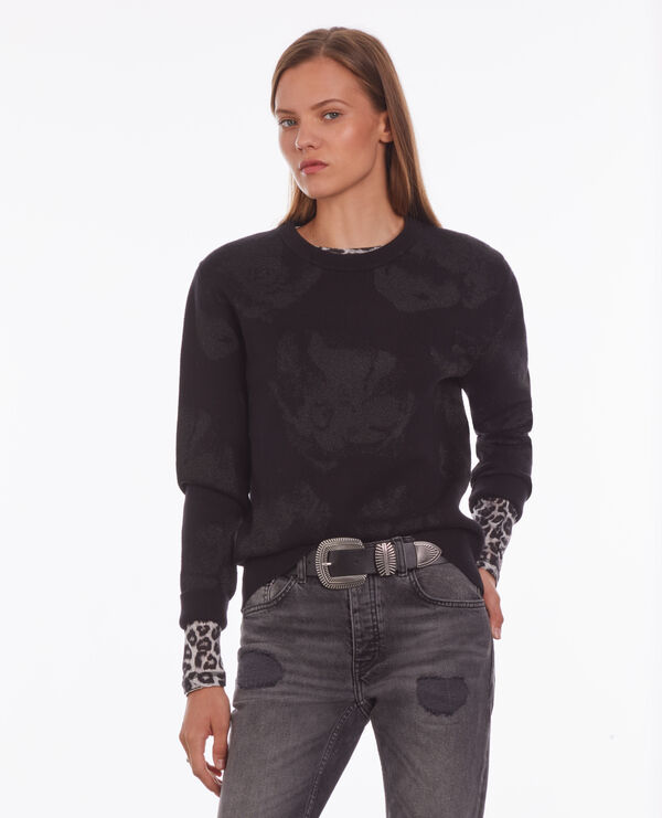 black wool-blend jumper with lurex patterns