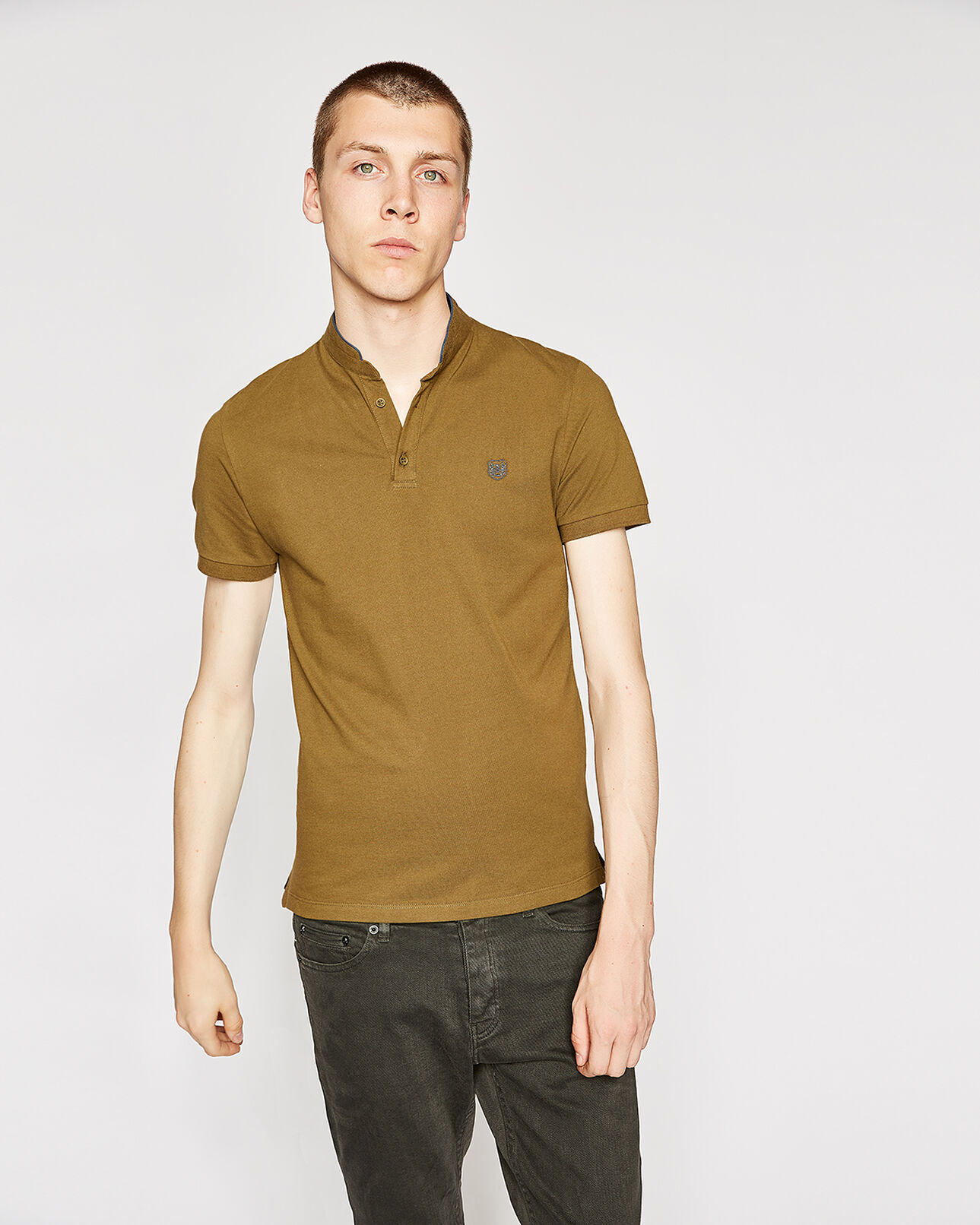 The Kooples MEN OLIVE / OCEAN DIAMOND olive green polo shirt with an officer collar and navy details