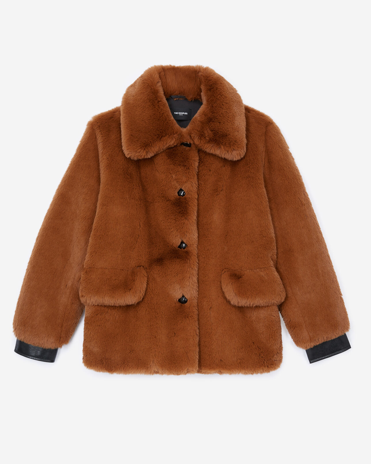 The Kooples WOMEN COGNAC brown faux fur coat with leather details