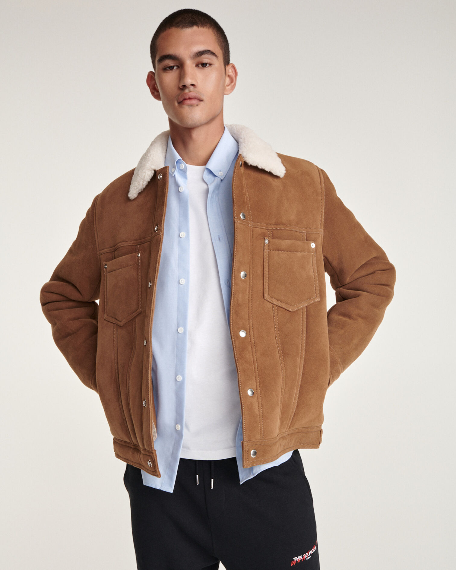 Beige suede jacket with sheepskin collar, BEIGE, hi-res image number null