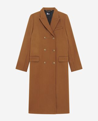 The Kooples F CAMEL MELANGE / BURGUNDY long double-breasted camel wool coat