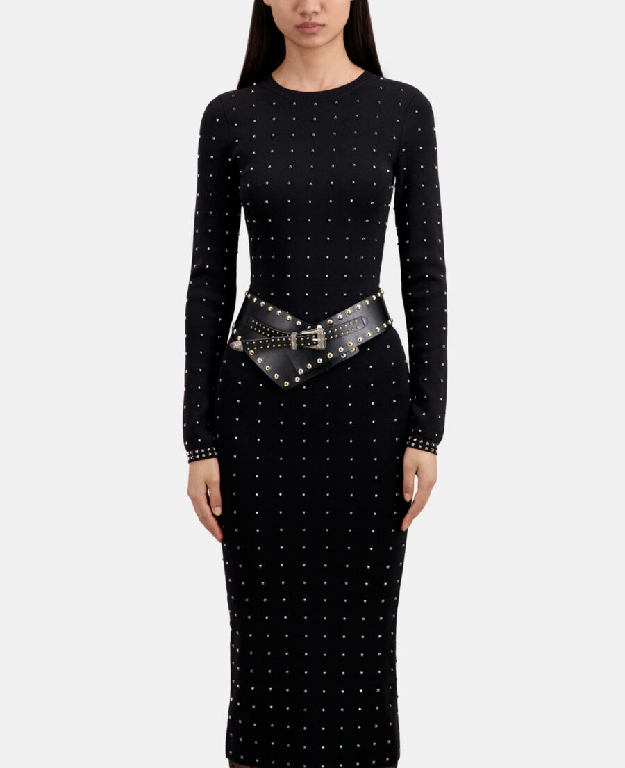 wide black leather belt with studs and western buckle