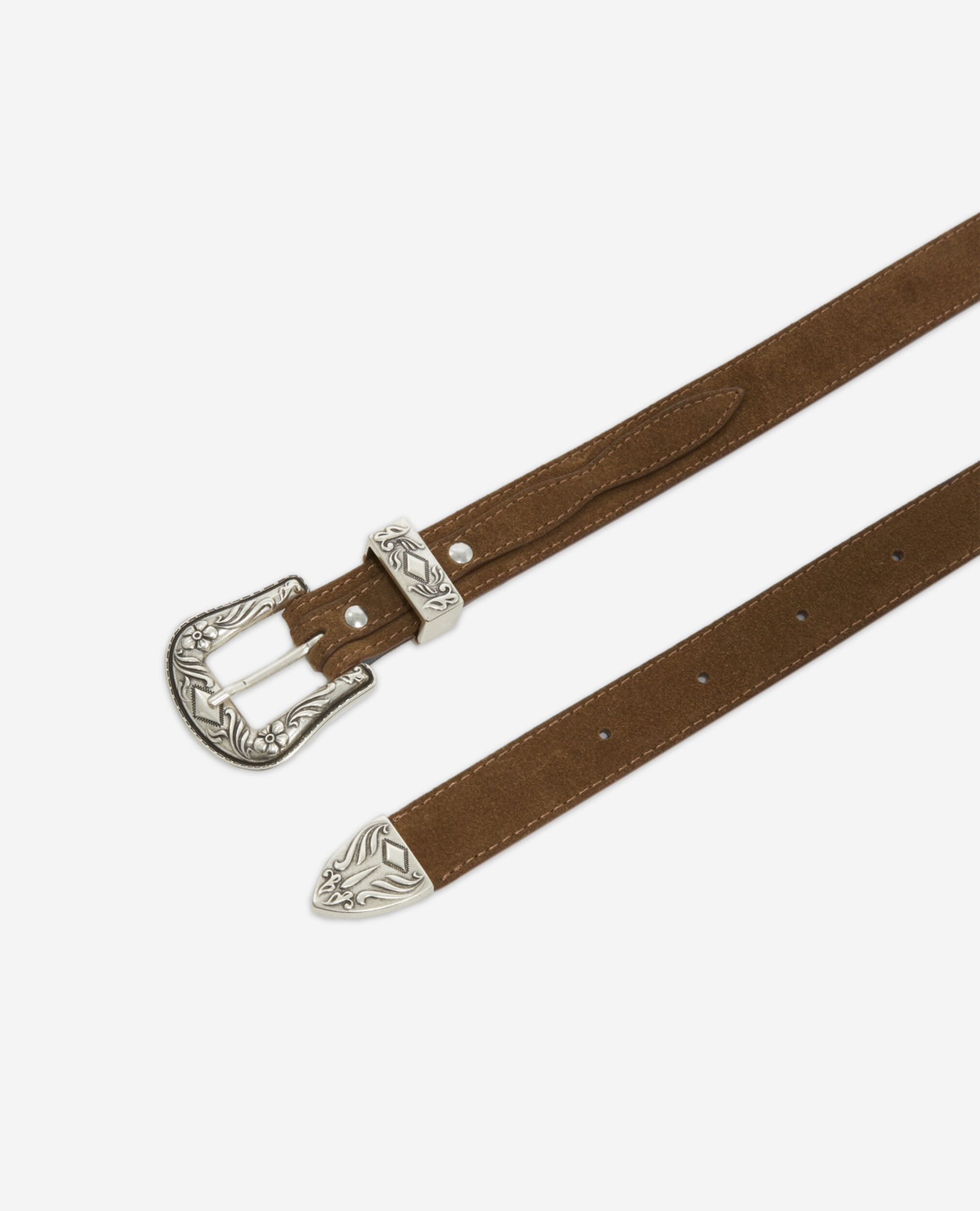 Brown leather belt with western-style yokes, BROWN, hi-res image number null