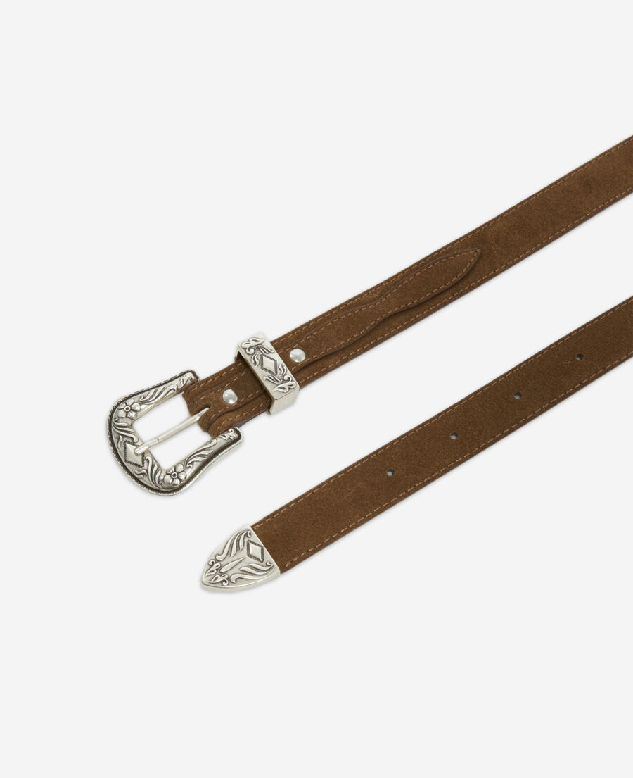 brown leather belt with western-style yokes