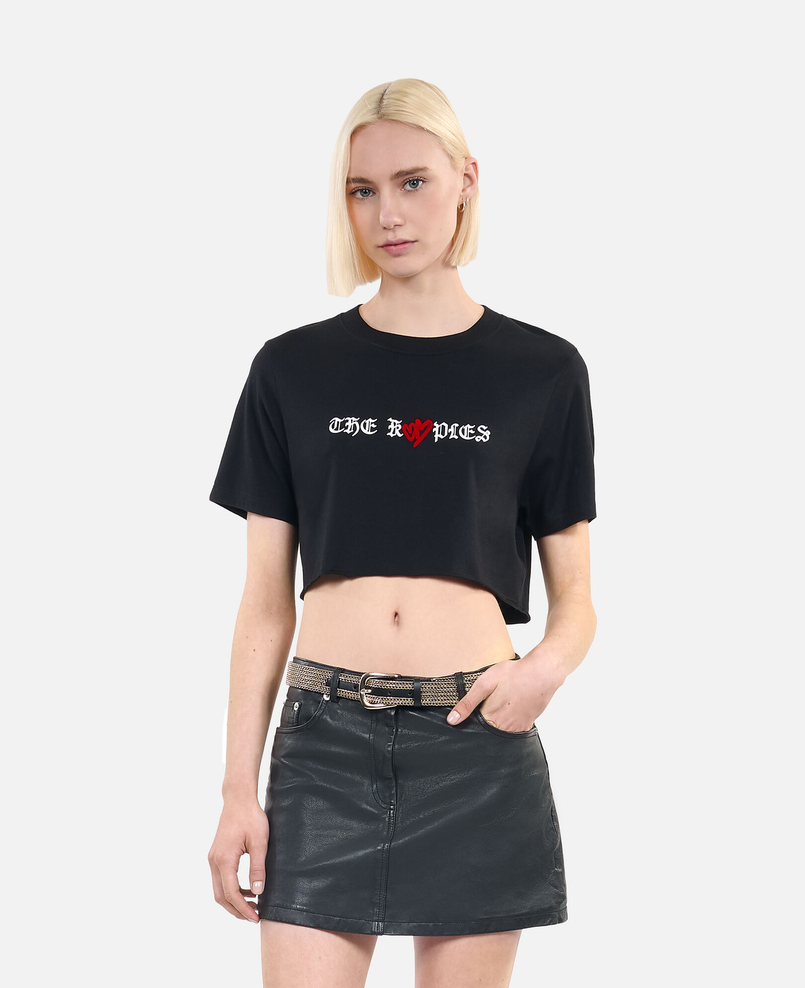 The Kooples DAMEN BLACK schwarzes t-shirt mit twin hearts-siebdruck