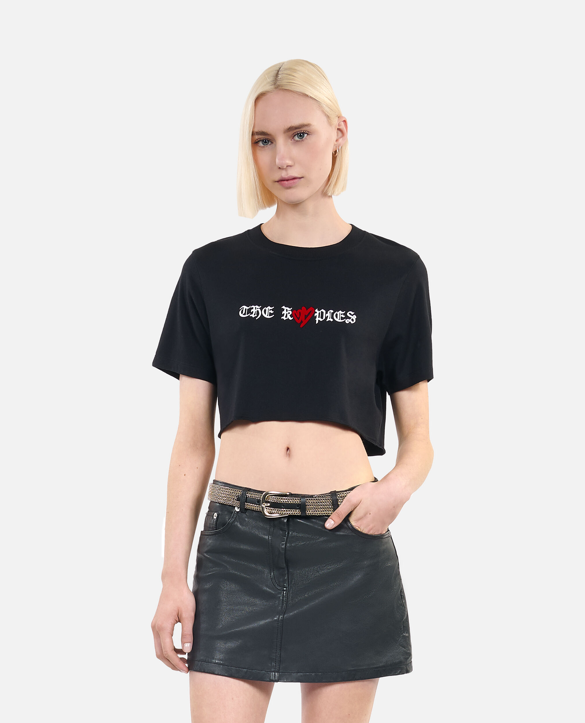 Schwarzes T-Shirt mit Twin hearts-Siebdruck, BLACK, hi-res image number null