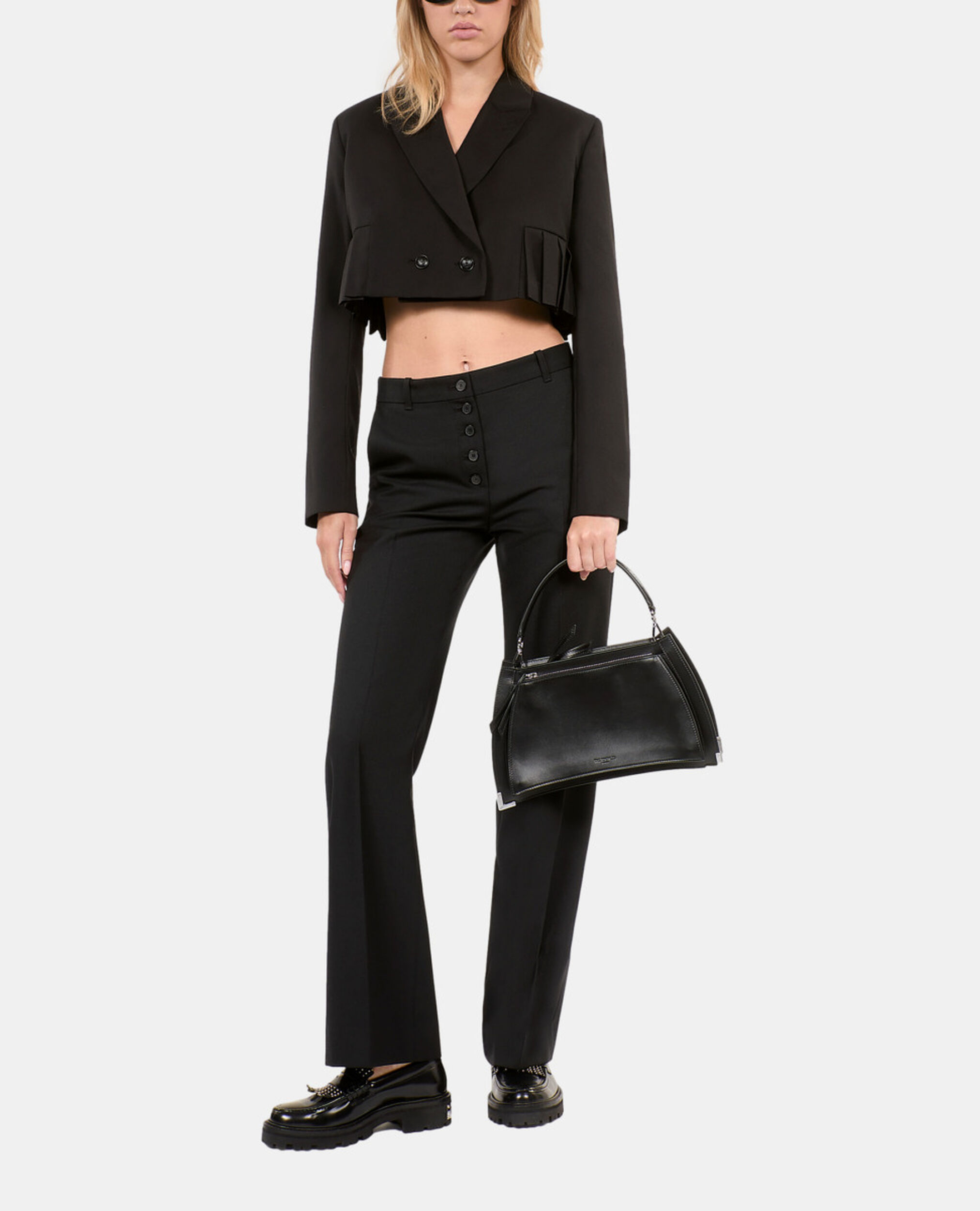 Short black wool-blend pleated jacket, BLACK, hi-res image number null