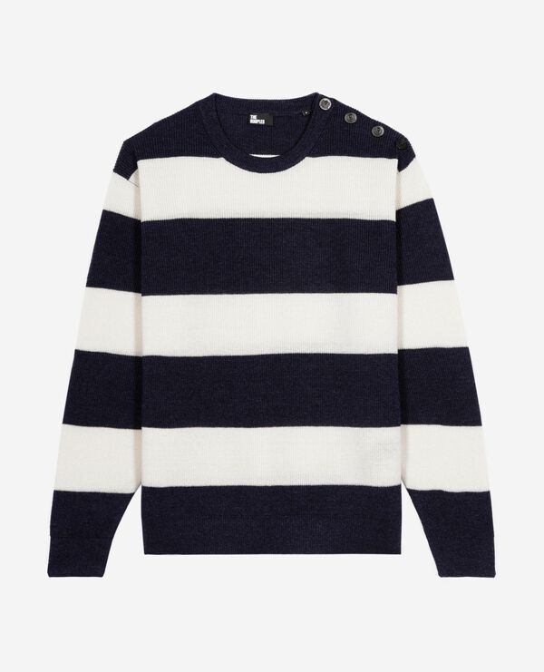 The Kooples HOMME ECRU NAVY pull en laine et lin à rayures marine