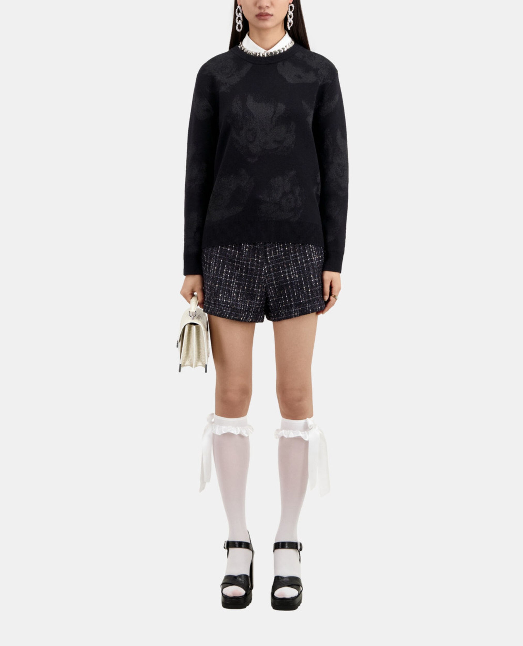 Black wool-blend jumper with silver patterns, BLACK/BLACK, hi-res image number null