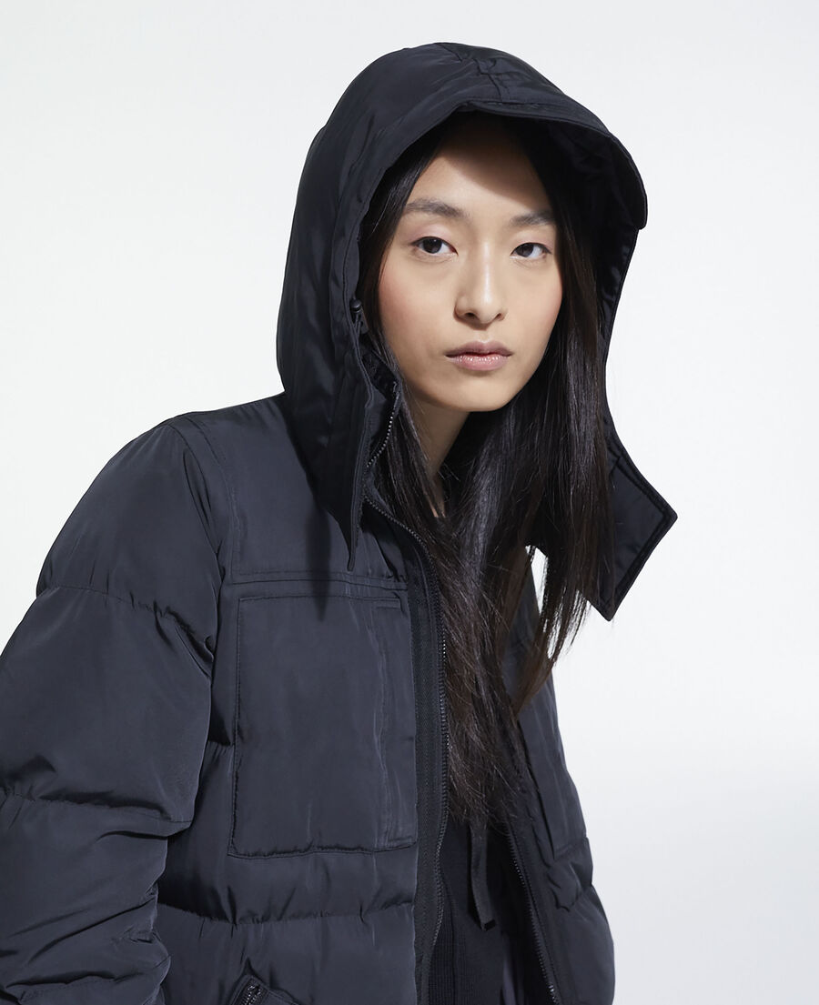 long black down jacket with straps and logo