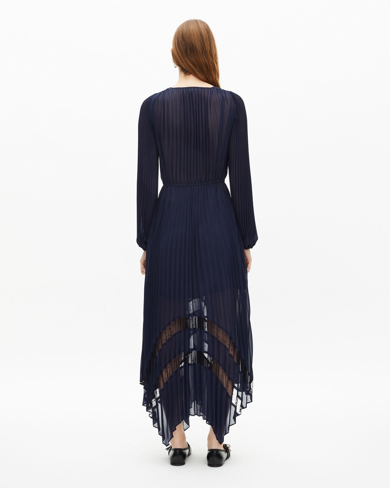The Kooples DAMEN NAVY langes plisseekleid mit marineblauer spitze