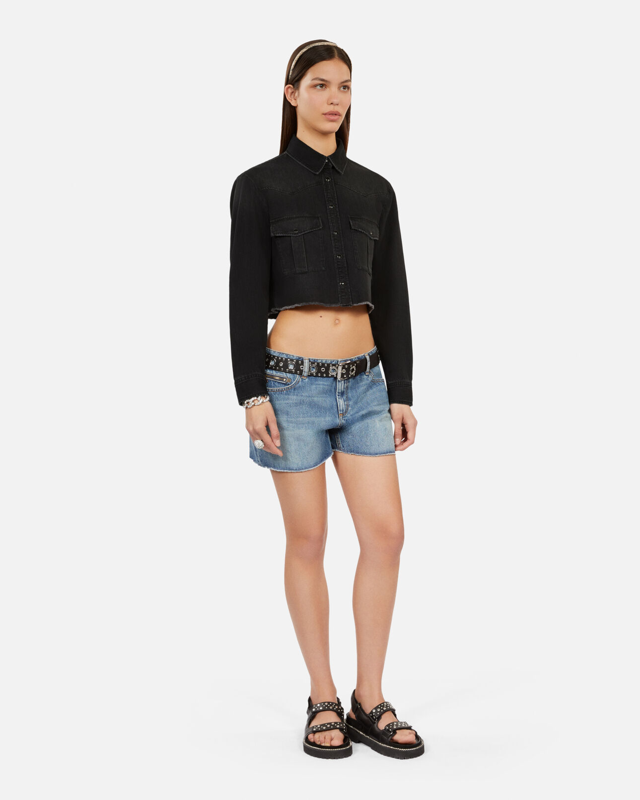 The Kooples WOMEN BLACK WASHED short grey denim shirt