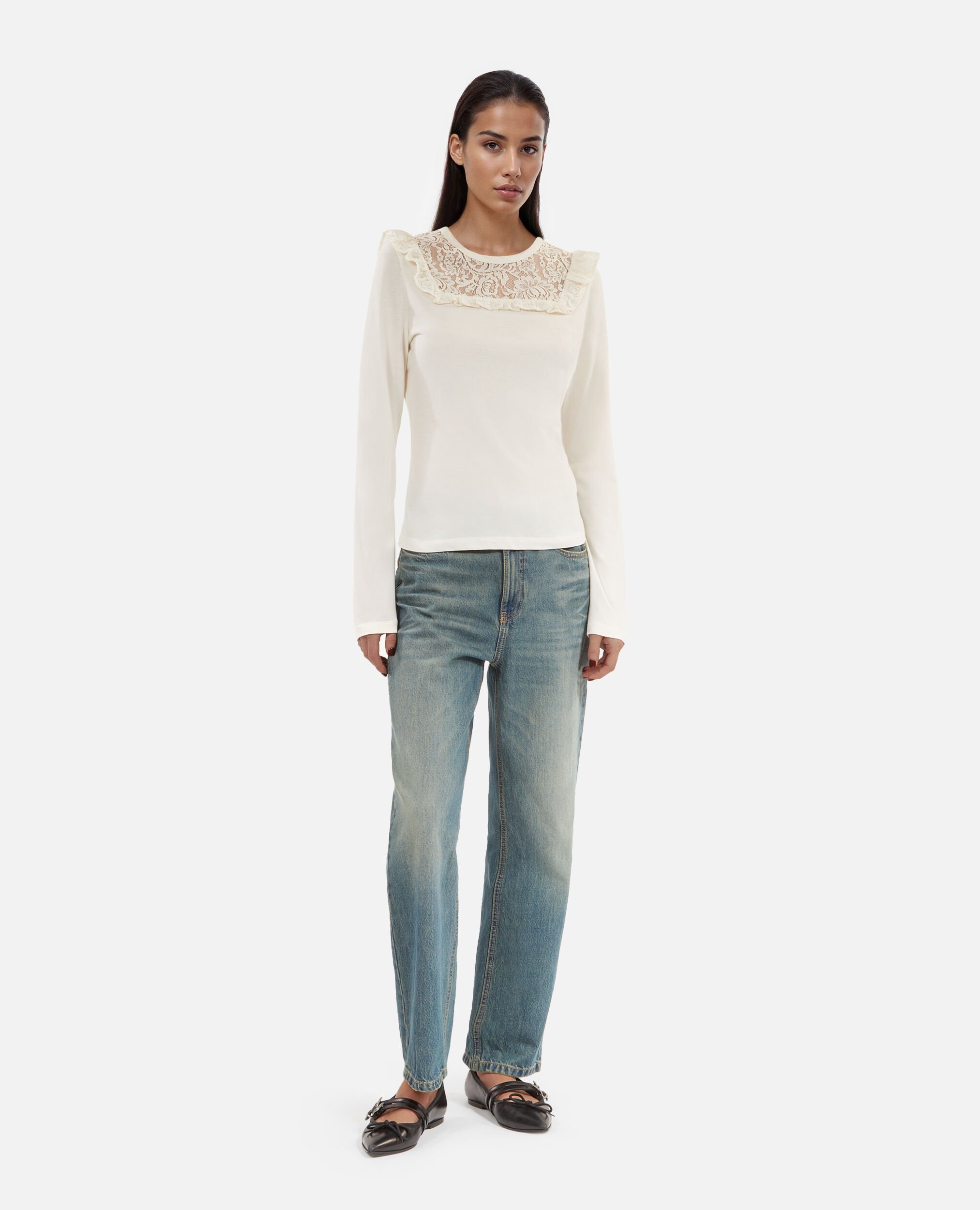 Weißes Langarm-T-Shirt aus Spitze, WHITE, hi-res image number null