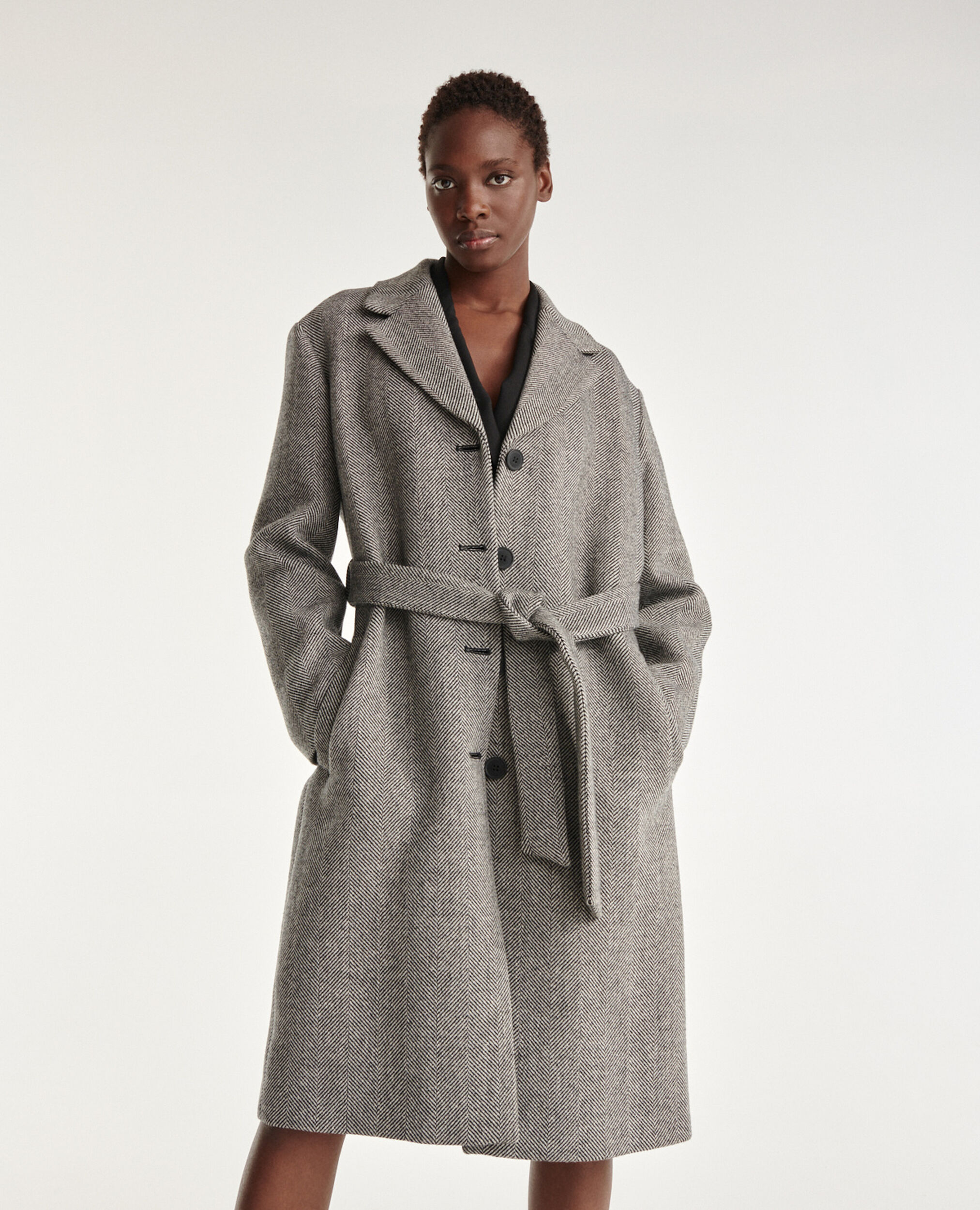 Black long cut ecru wool coat, BLACK-ECRU, hi-res image number null