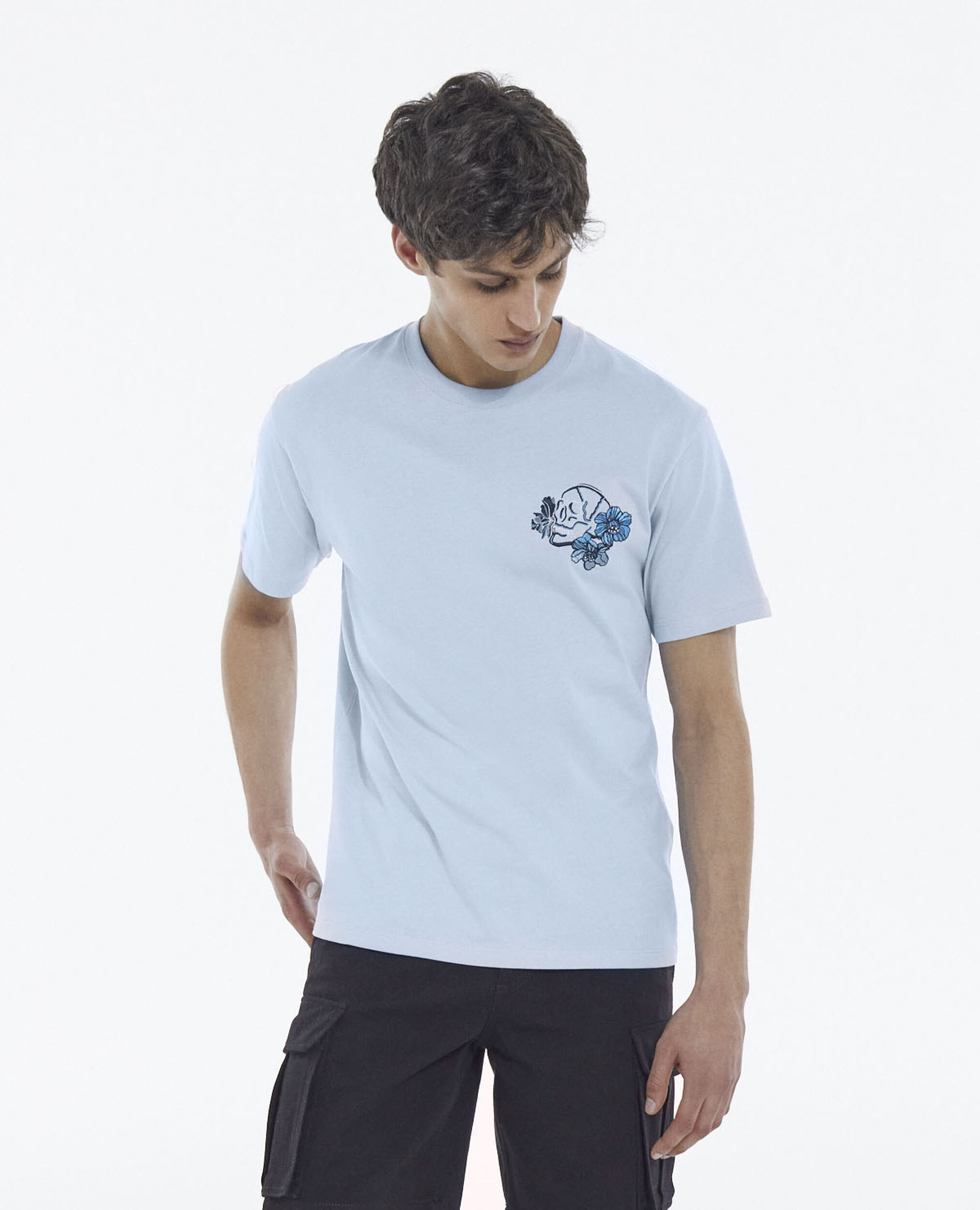 T-shirt bleu imprimé tête de mort et fleurs, BLUE, hi-res image number null