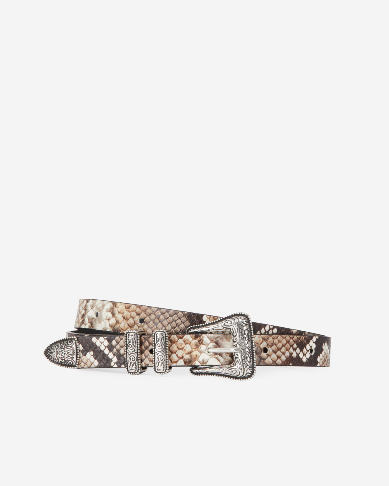 The Kooples MIXED BEIGE-BROWN thin snakeskin-effect leather belt with western-style buckle