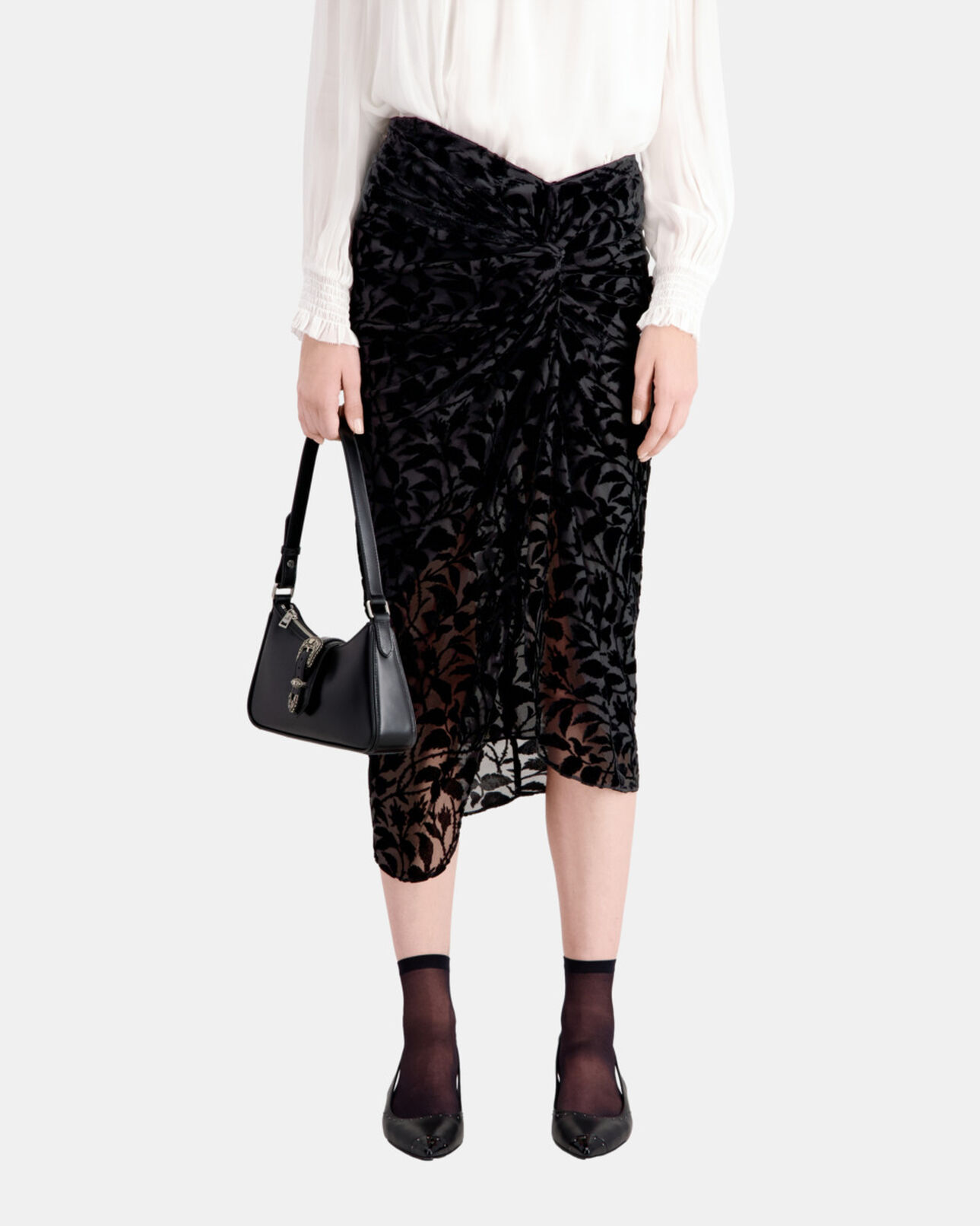 The Kooples DAMEN BLACK halblanger schwarzer rock aus devoré-samt