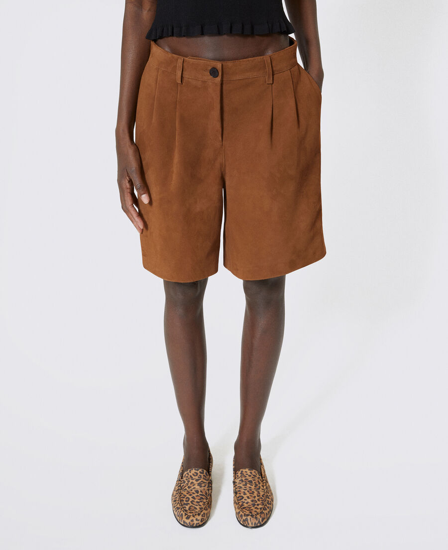 The Kooples FEMME CAMEL bermuda &agrave; pinces en cuir su&egrave;de camel