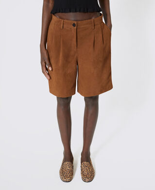 The Kooples FEMME CAMEL bermuda &agrave; pinces en cuir su&egrave;de camel