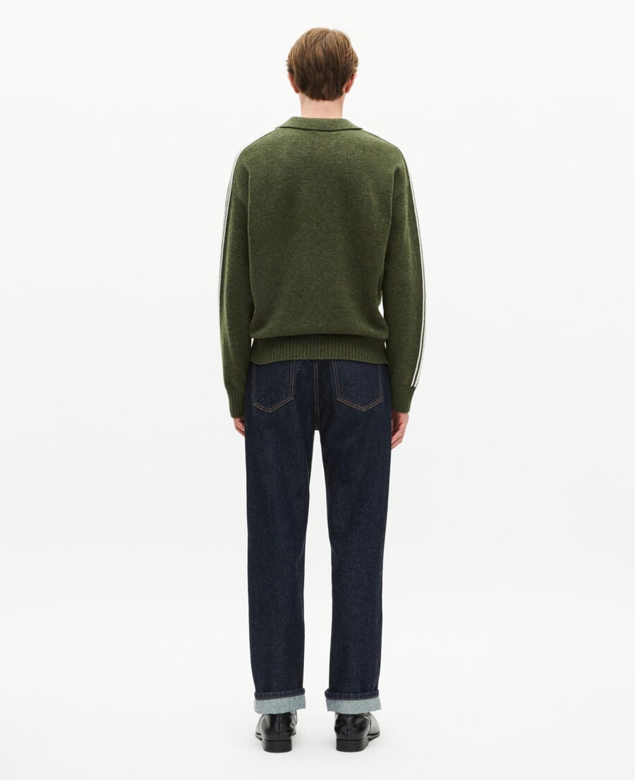 The Kooples MEN GREEN polo neck wool sweater with contrasting khaki stripes