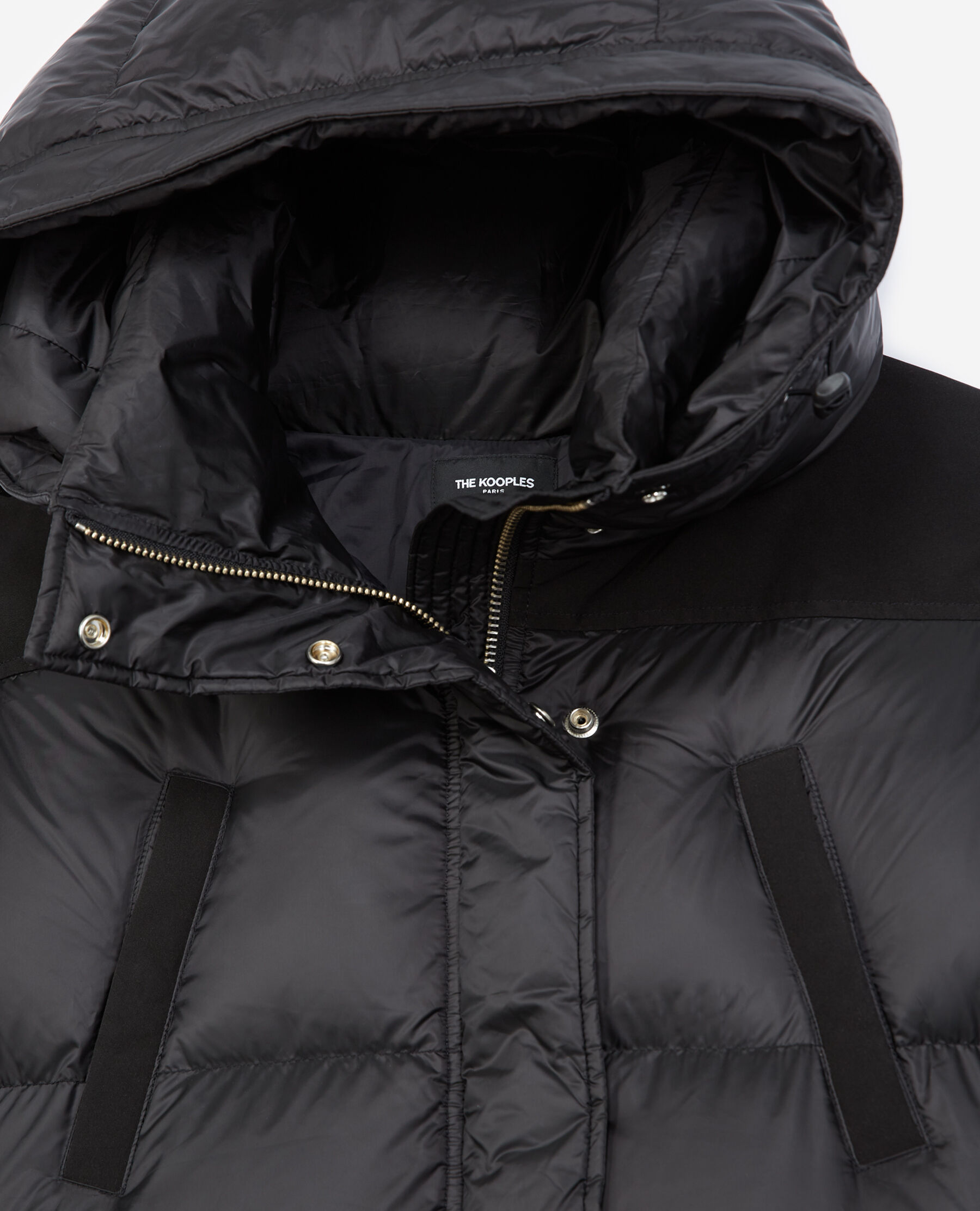 Black dual material down jacket with hood