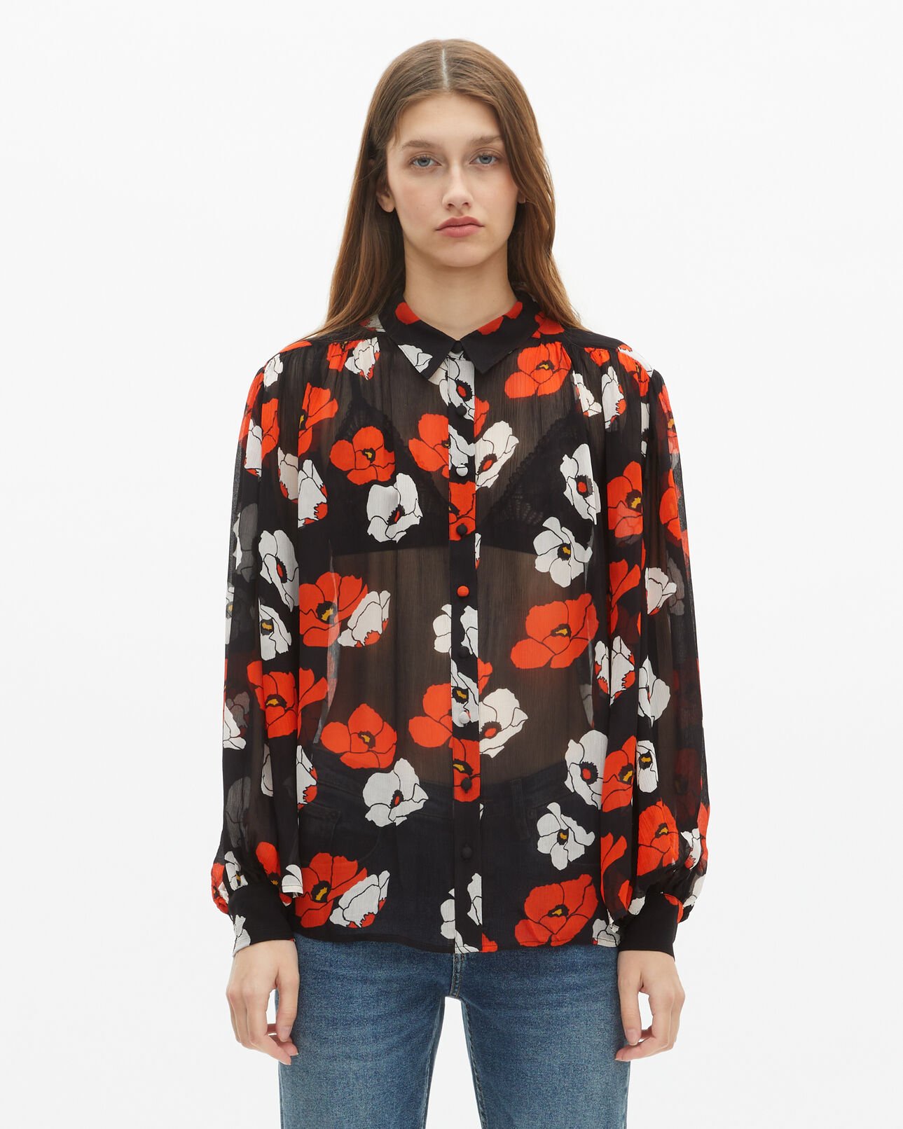 The Kooples WOMEN BLACK RED OFF WHITE loose-fitting black floral print shirt