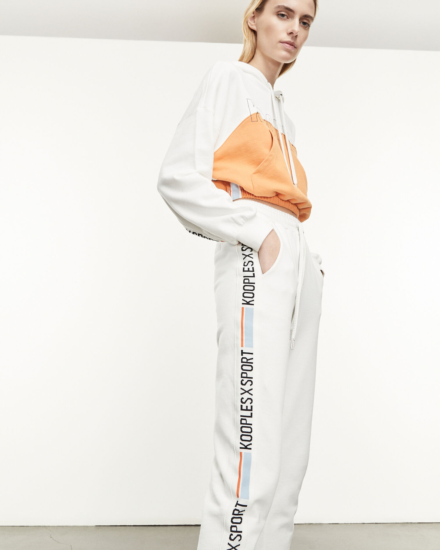 Ecru joggers with stretch waist and logo trim, ECRU, hi-res image number null