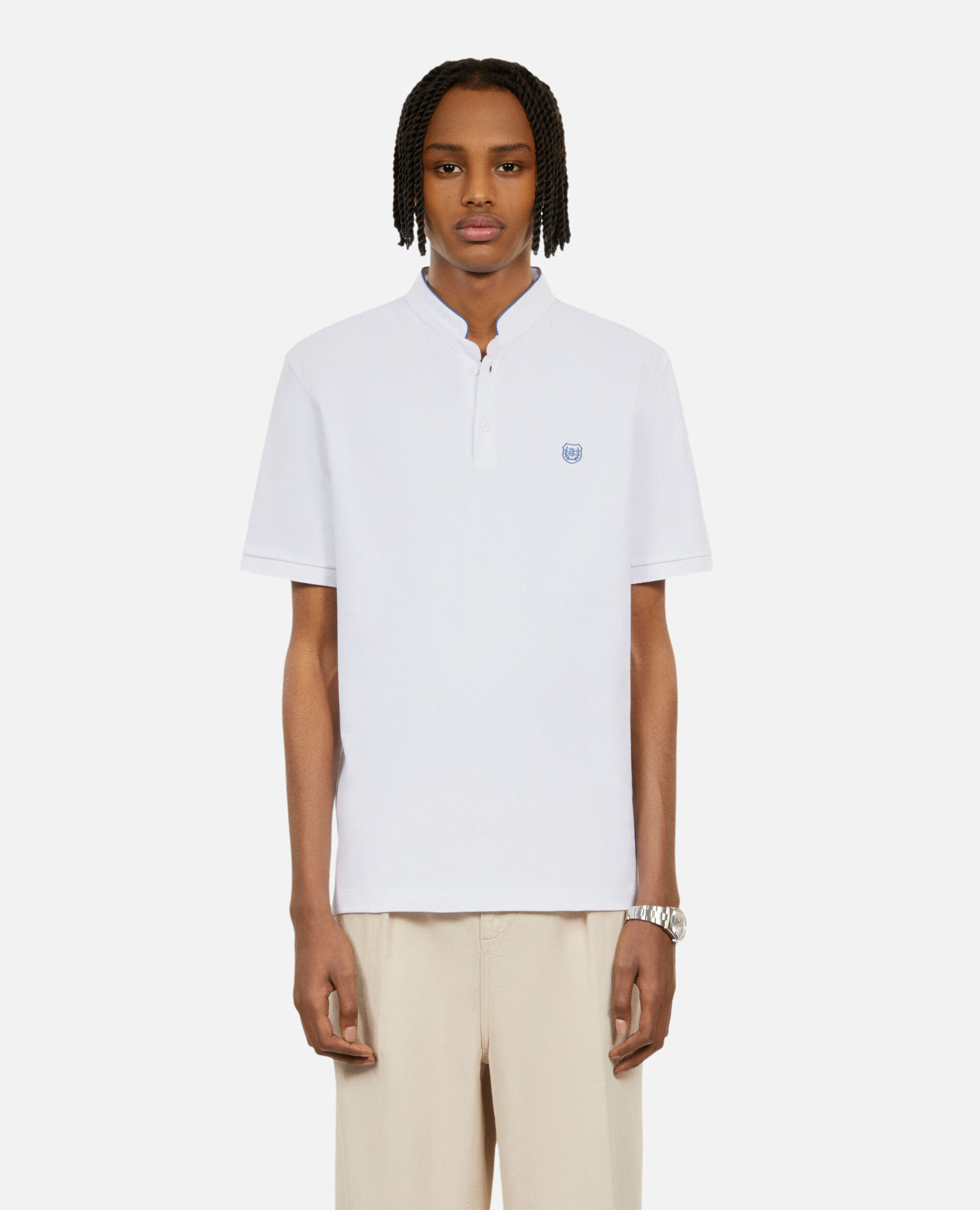 White pique cotton polo t-shirt, WHITE / BLUE, hi-res image number null