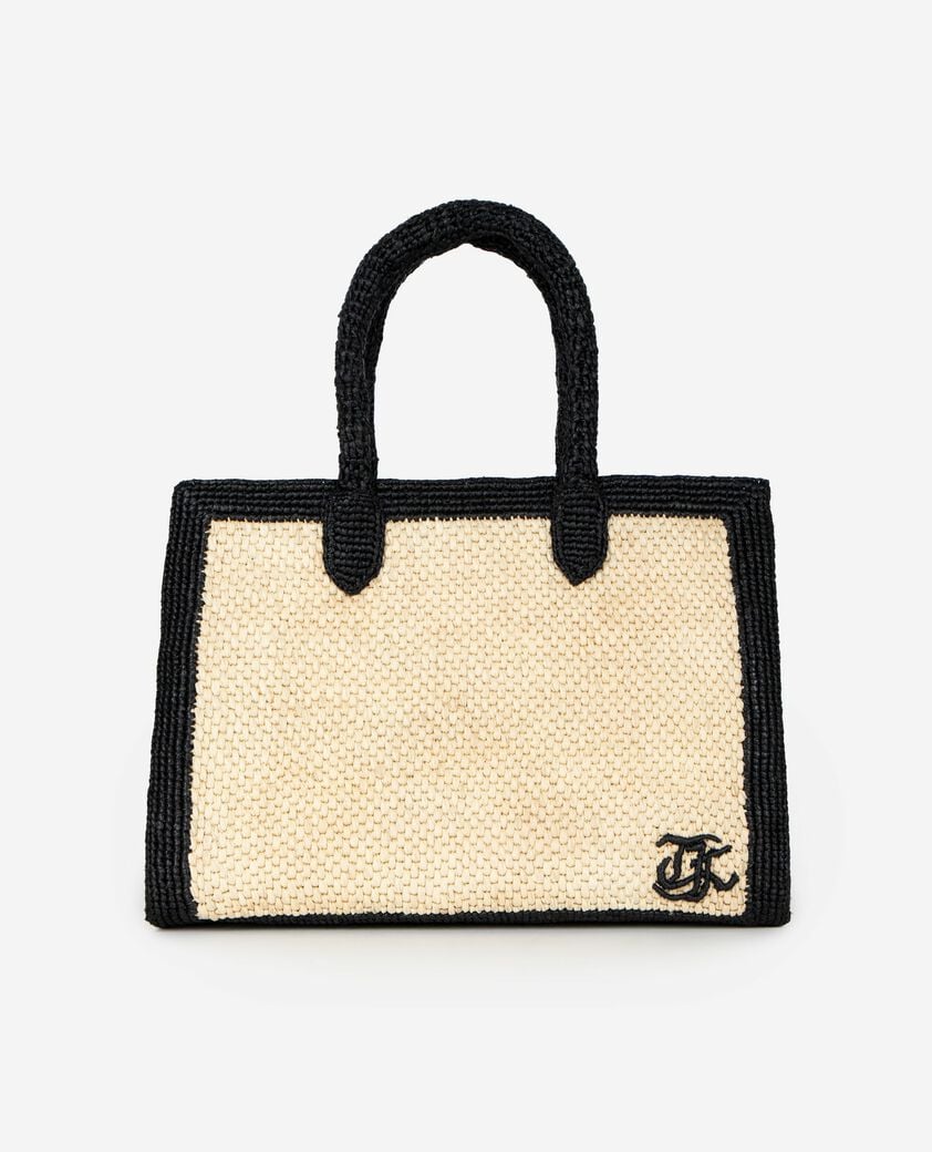 The Kooples MUJER ECRU BLACK bolsa de la compra de rafia color crudo