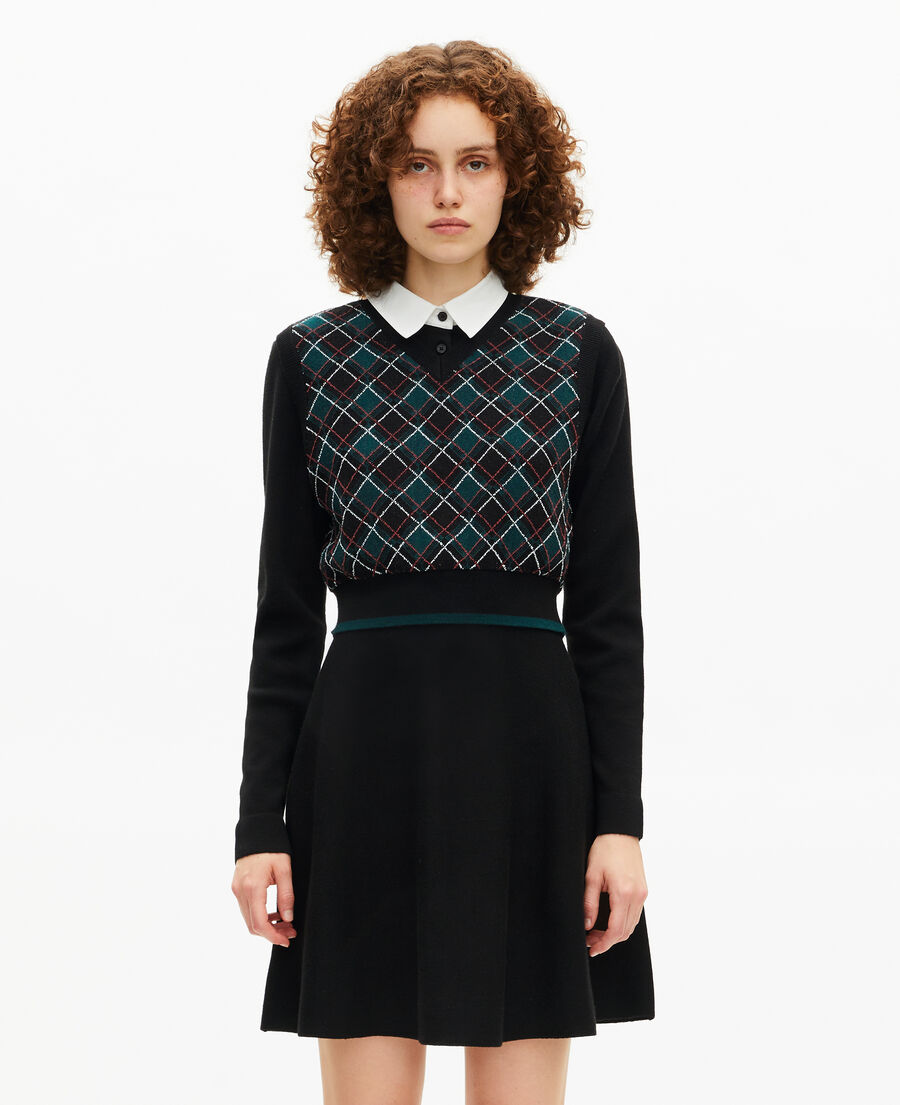 The Kooples FEMME BLACK DARK GREEN robe courte en maille &agrave; carreaux noire