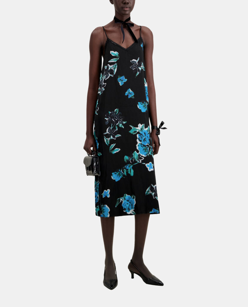 The Kooples WOMEN BLACK BLUE long printed slip dress with lace details