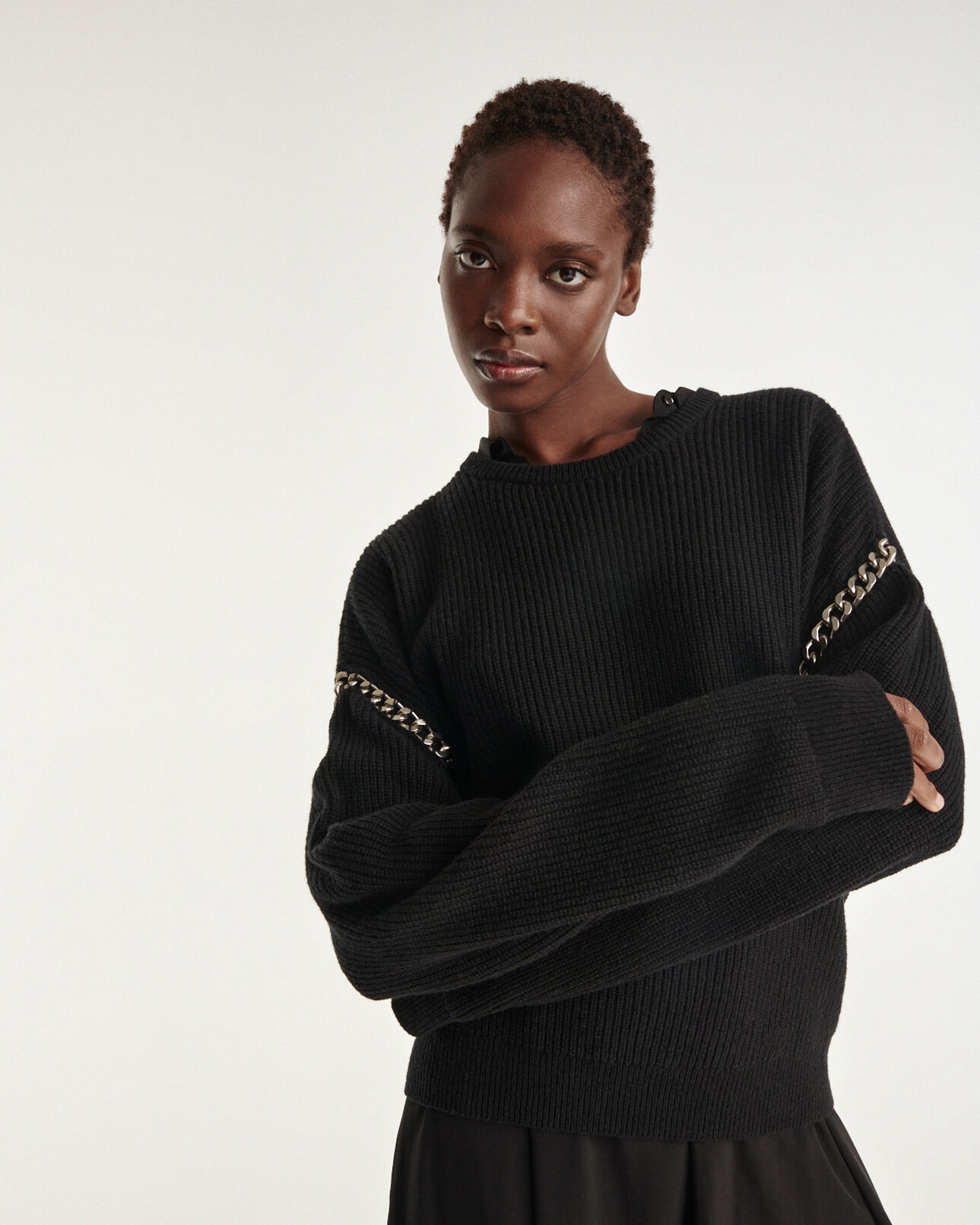 The Kooples F BLACK loose black wool sweater with chain details