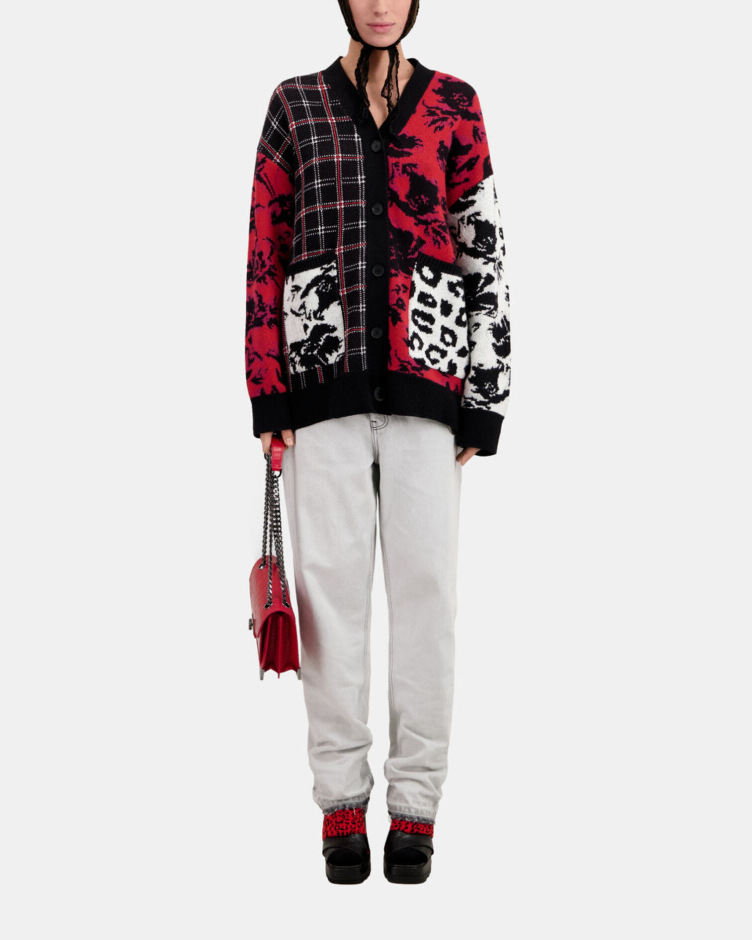 Wool-blend cardigan with patchwork, BLACK / BURGUNDY /WHITE, hi-res image number null