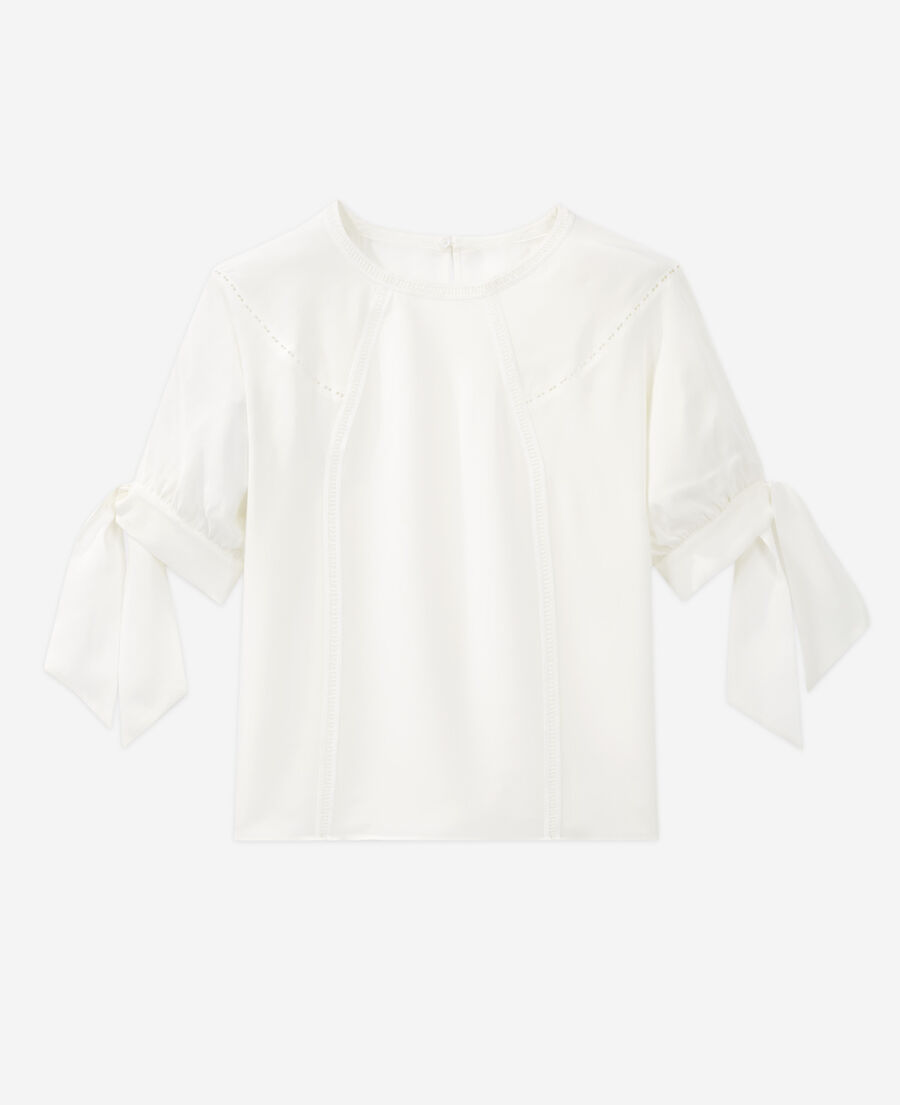 white silk top with three-quarter length sleeves