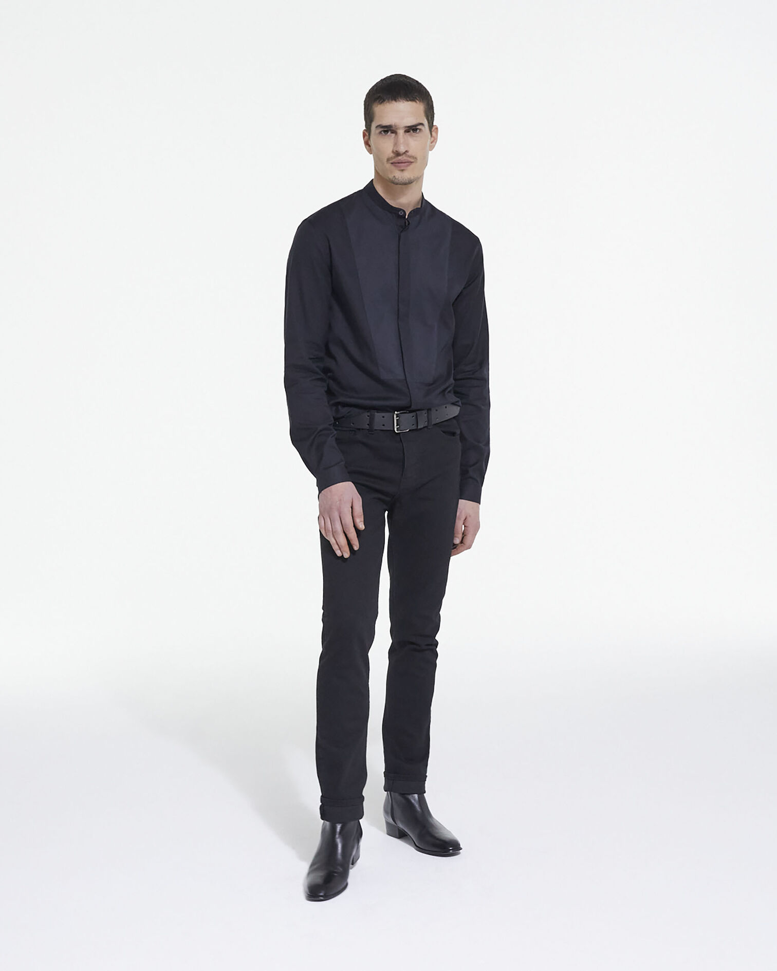 Black cotton shirt with officer collar, BLACK, hi-res image number null