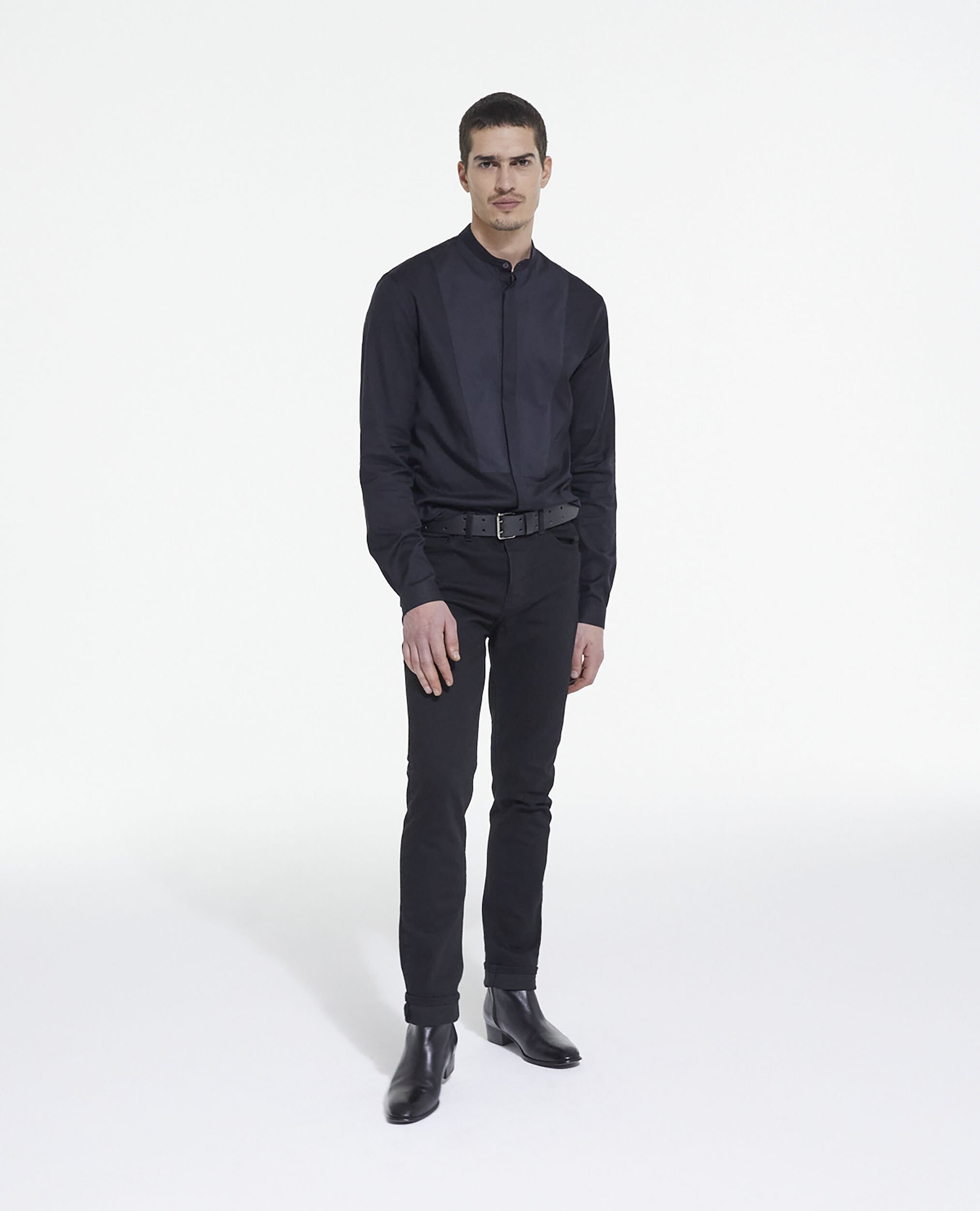 Black cotton shirt with officer collar, BLACK, hi-res image number null