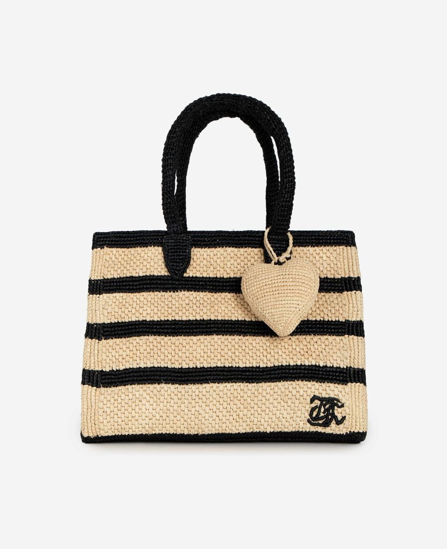 The Kooples F ECRU BLACK ecru raffia heart jewel bag